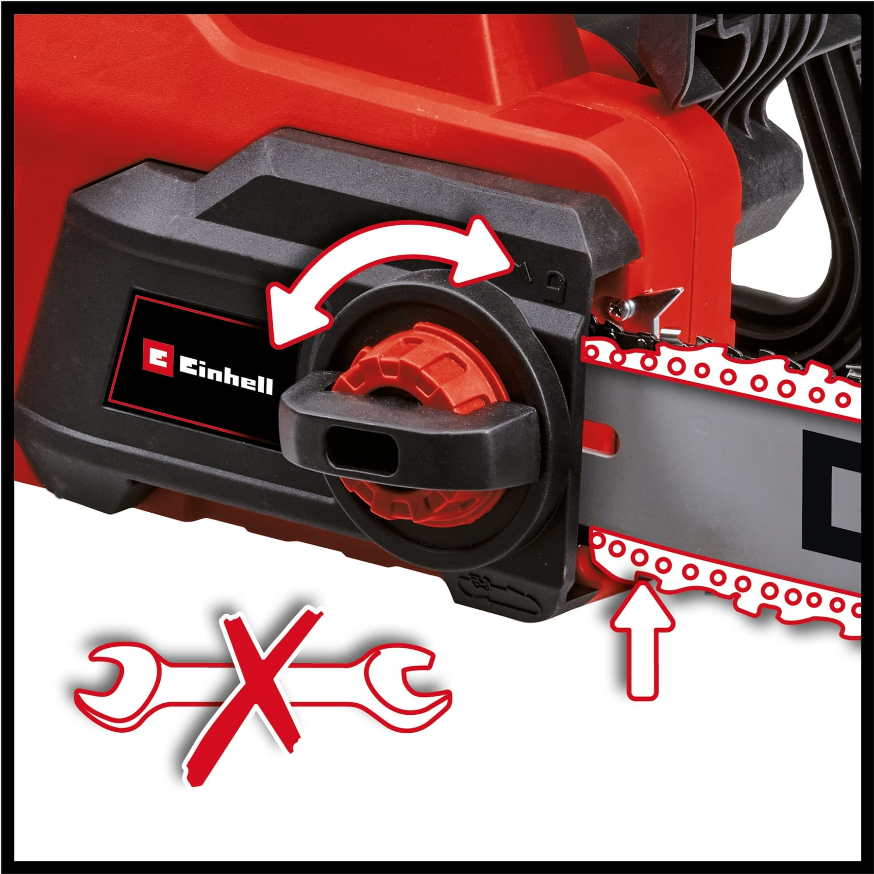 Szczegół czerwono-czarnej piły łańcuchowej ze strzałkami. Czerwona ikona klucza jest przekreślona. Marka to 'Einhell'.