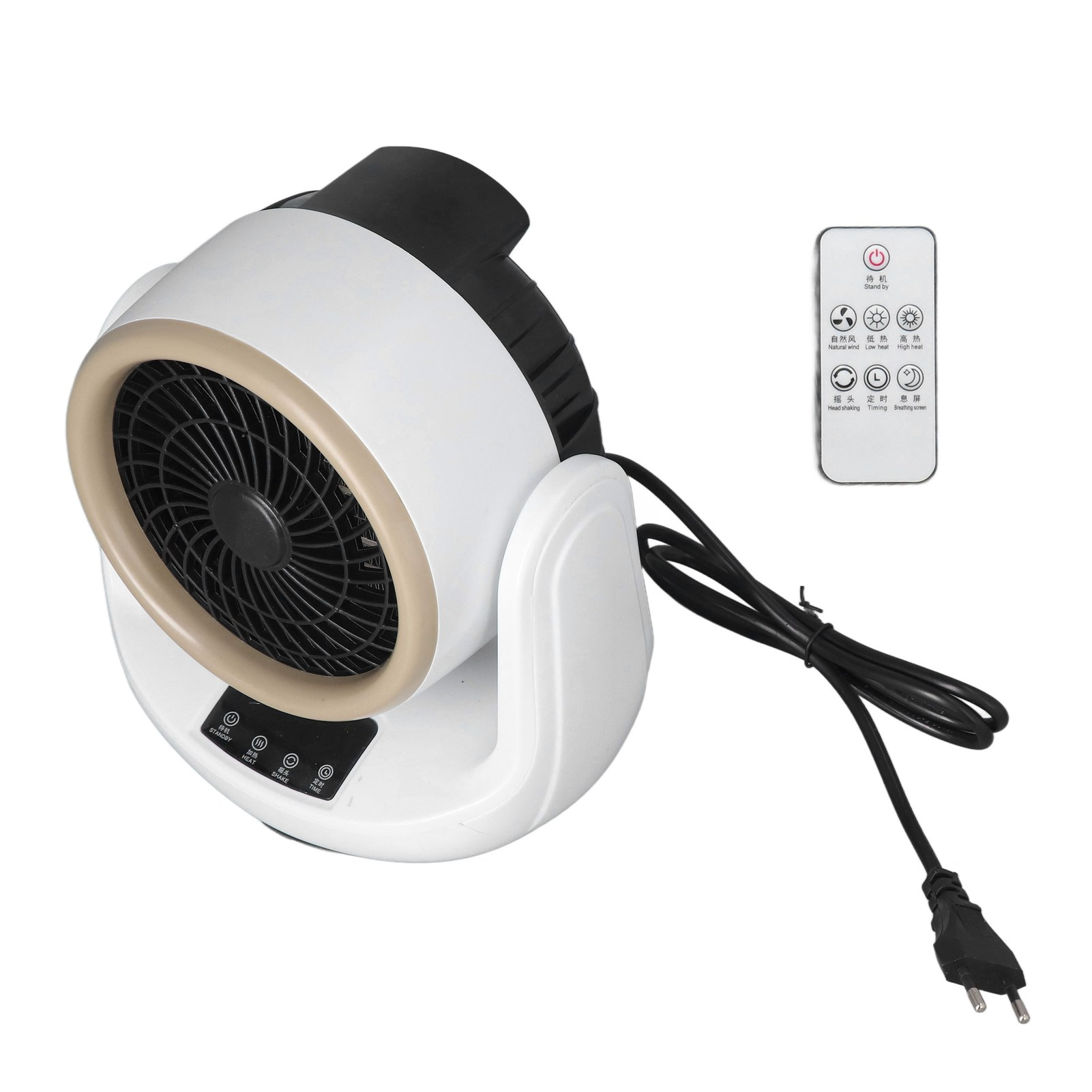 Ein weiß-schwarzer Ventilator mit Fernbedienung. Er hat ein schwarzes Gitter und eine beige Verkleidung. Ein Netzkabel und Stecker sind sichtbar.