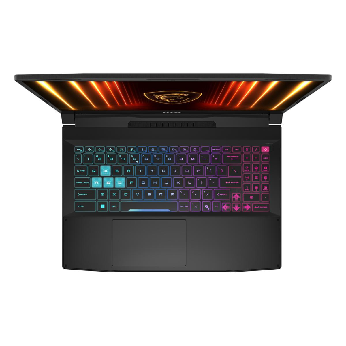 Draufsicht auf einen MSI-Gaming-Laptop. Der Bildschirm ist offen und zeigt ein farbenfrohes, beleuchtetes Innere. Die Tastatur ist farbig beleuchtet.
