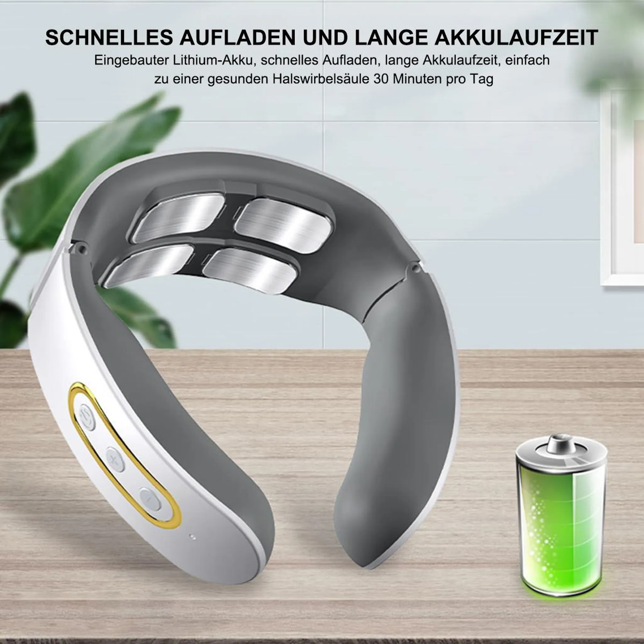 Ein Nackenmassagegerät mit Knöpfen, Metallpads und einem Batteriesymbol. Das Massagegerät ist weiß und grau. Die Batterie ist grün.