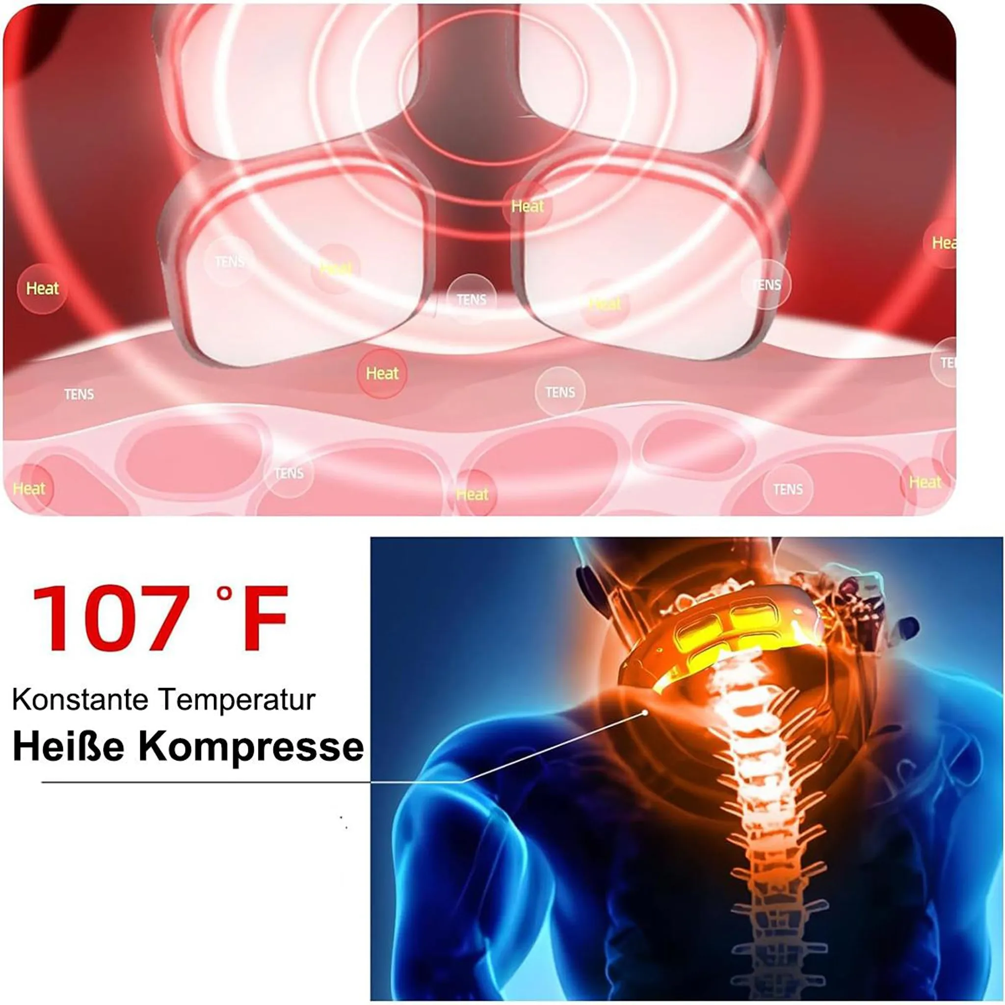 Das Bild zeigt ein Nackentherapiegerät mit Wärme- und TENS-Funktionen, das 107 °F anzeigt. Illustration von Nacken und Wirbelsäule.