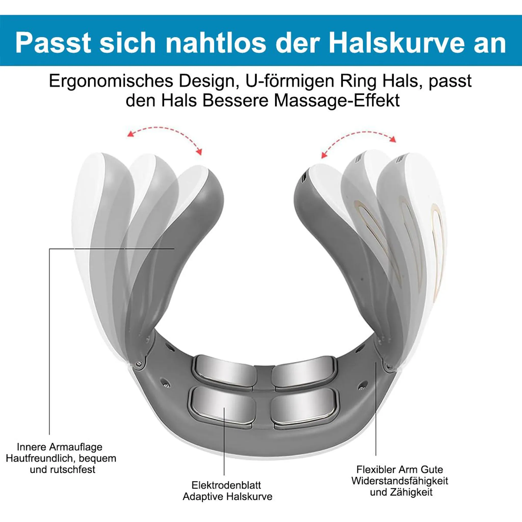 Nackenmassagegerät mit U-förmigem Design. Merkmale umfassen flexible Arme, Elektrodenplatten und bequeme Innenstütze für den Nacken.
