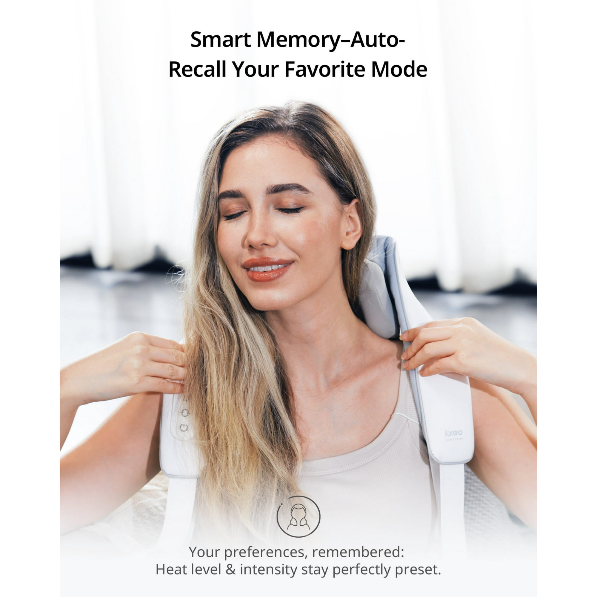 Frau mit geschlossenen Augen, die ein Nackenmassagegerät trägt. Text lautet 'Smart Memory'.