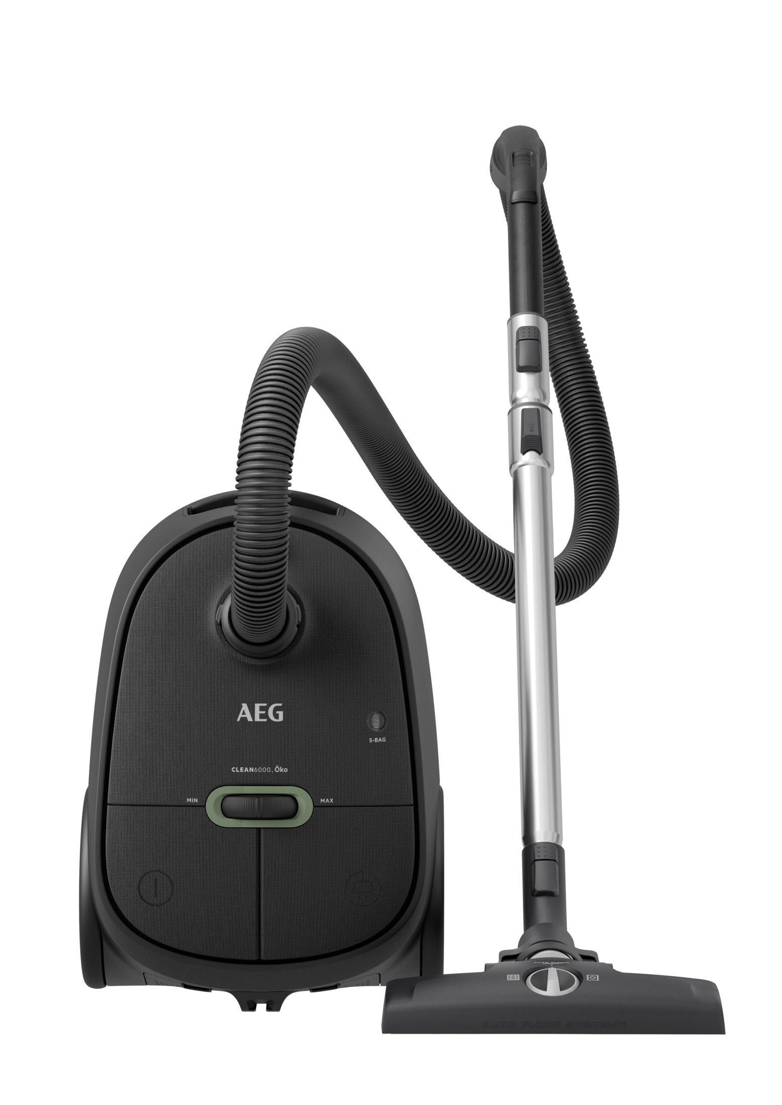Czarny odkurzacz AEG. Posiada wąż i metalową rurę zakończoną szczotką, na białym tle.