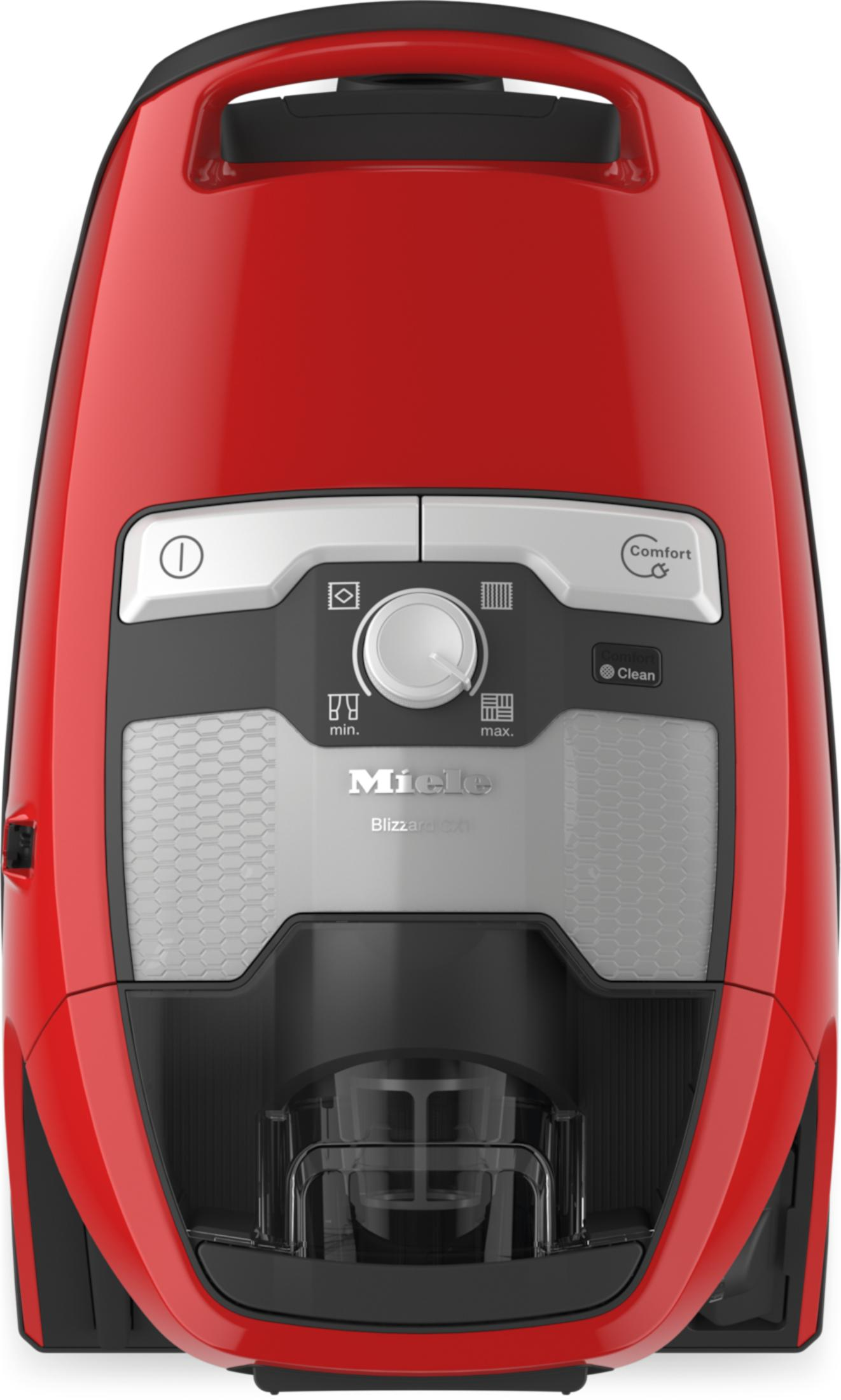 Aspirapolvere Miele rosso con dettagli neri. Ha pulsanti di controllo, un contenitore della polvere trasparente e il marchio.