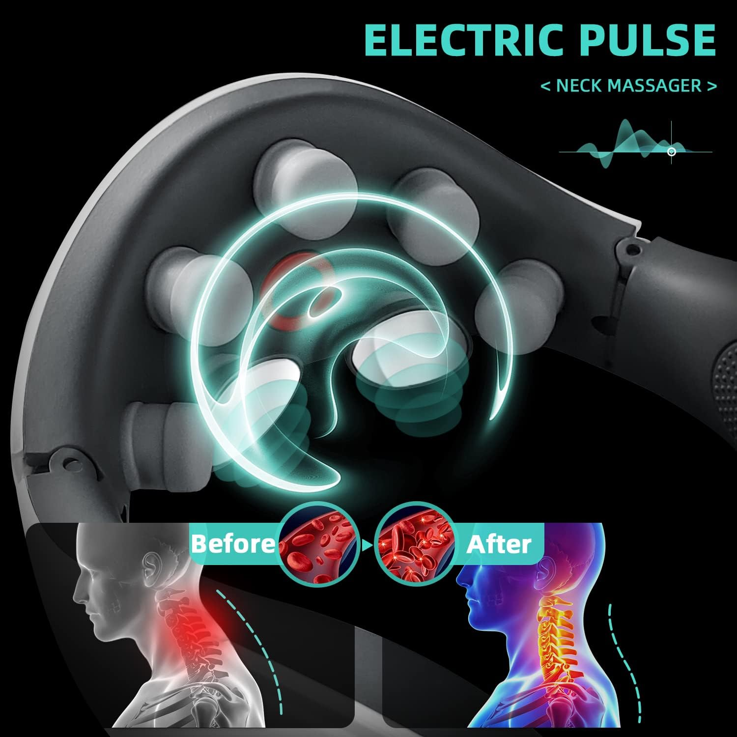 Werbung für ein elektrisches Impuls-Nackenmassagegerät. Zeigt Vorher-Nachher-Effekte am Hals. Zeigt auch das Massagegerät selbst.