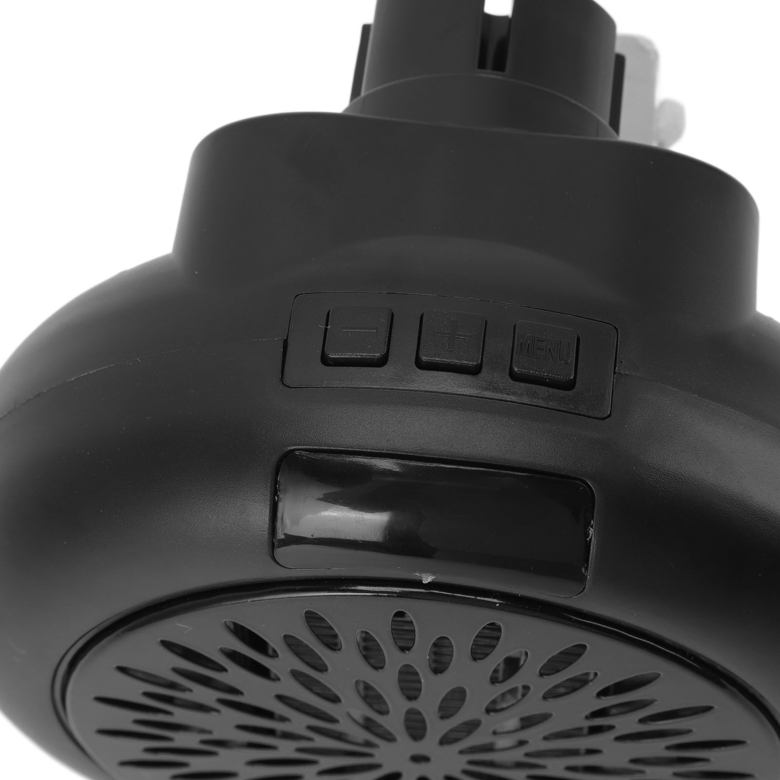 Ein schwarzes Elektroheizgerät mit Bedienfeld, Tasten und dem Wort 'MENU'.