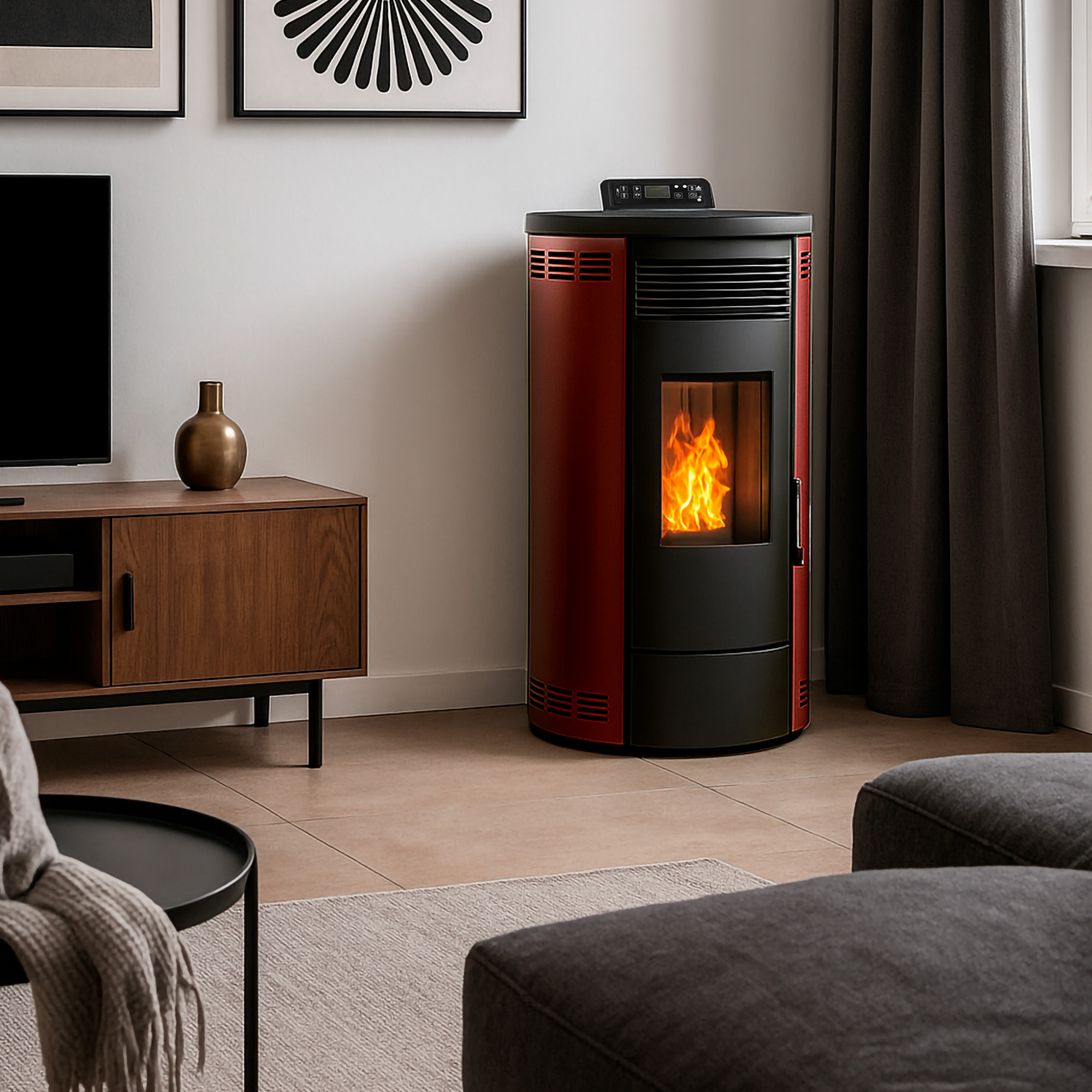 Una estufa de pellets roja y negra con fuego está en una habitación. También hay un televisor y un mueble de madera.