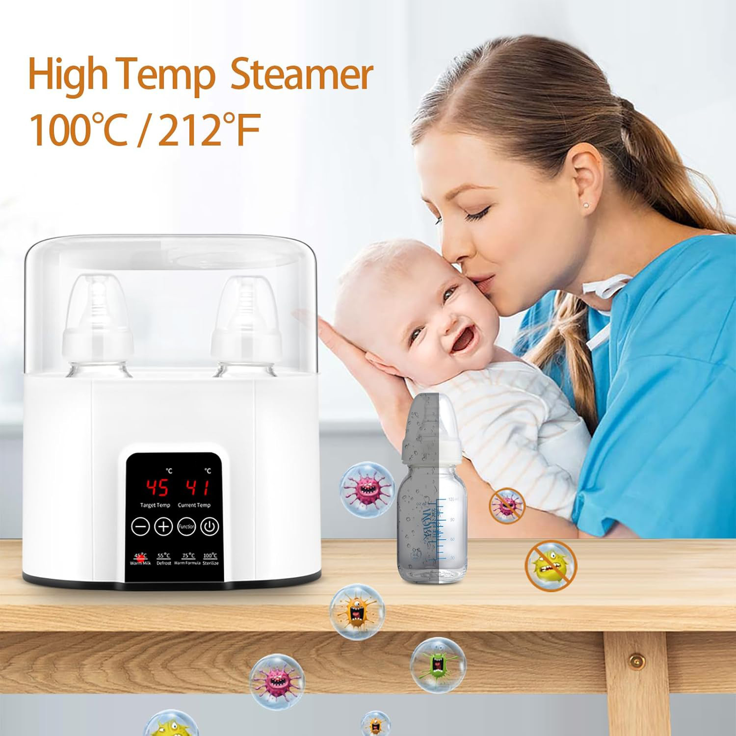 Eine Mutter küsst ein Baby. Auf einem Holztisch stehen ein Sterilisator und eine Babyflasche, mit Keim-Illustrationen.