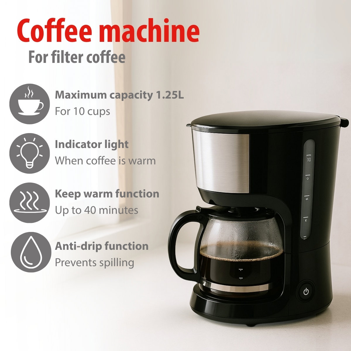 A black coffee machine with a glass carafe filled with coffee. Features include a keep-warm function and anti-drip.