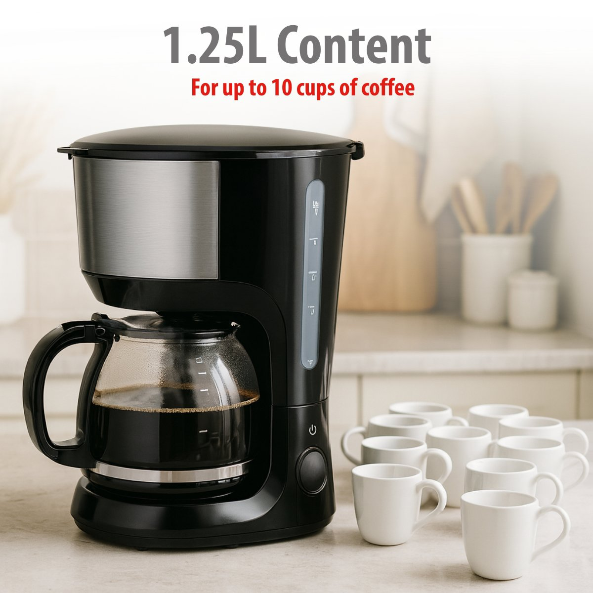 A black coffee maker with a glass carafe filled with coffee, and white mugs on a counter. Text indicates 1.25L content.