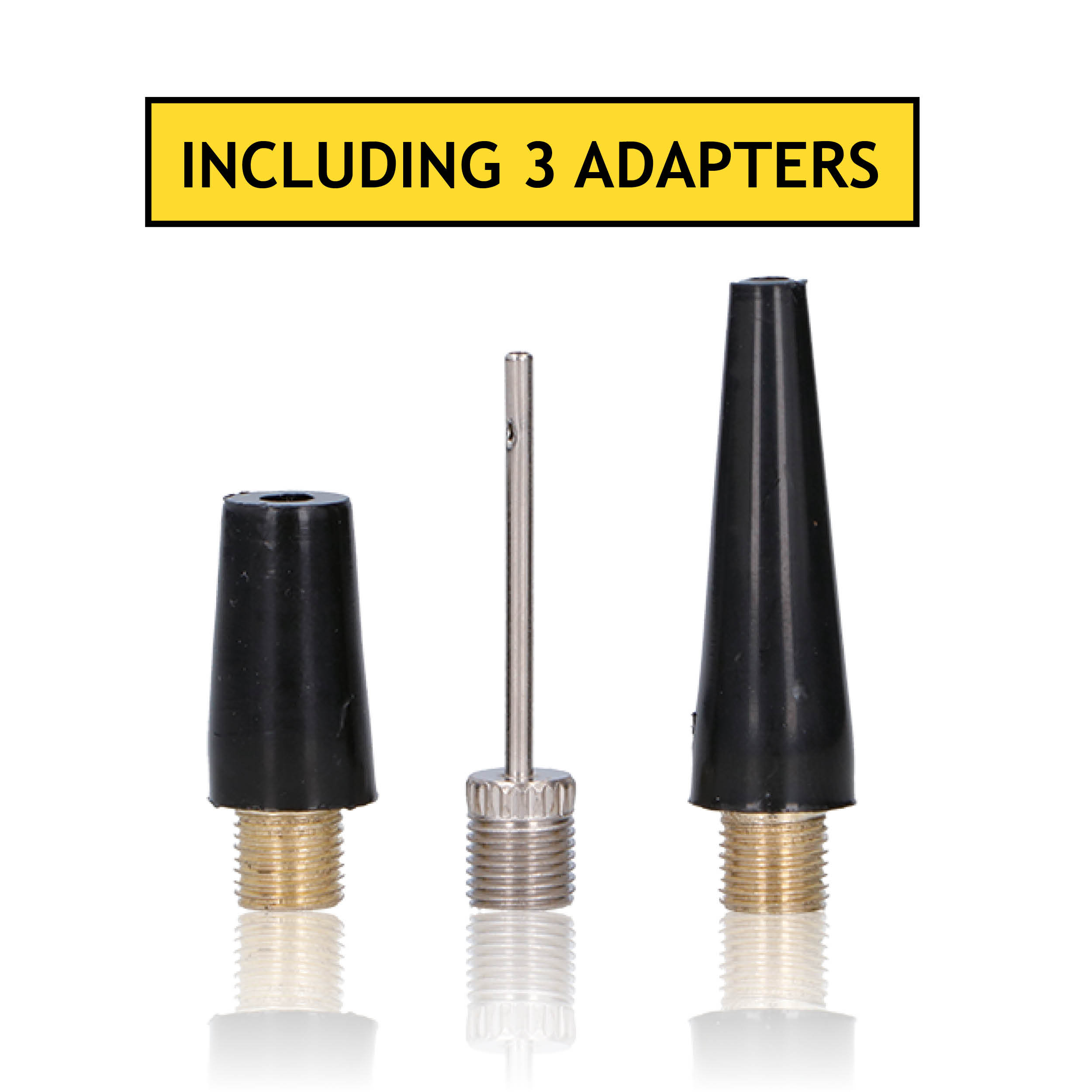 Trois adaptateurs noirs avec filetages dorés et une aiguille argentée sur fond blanc. Texte: 'Including 3 Adapters'.