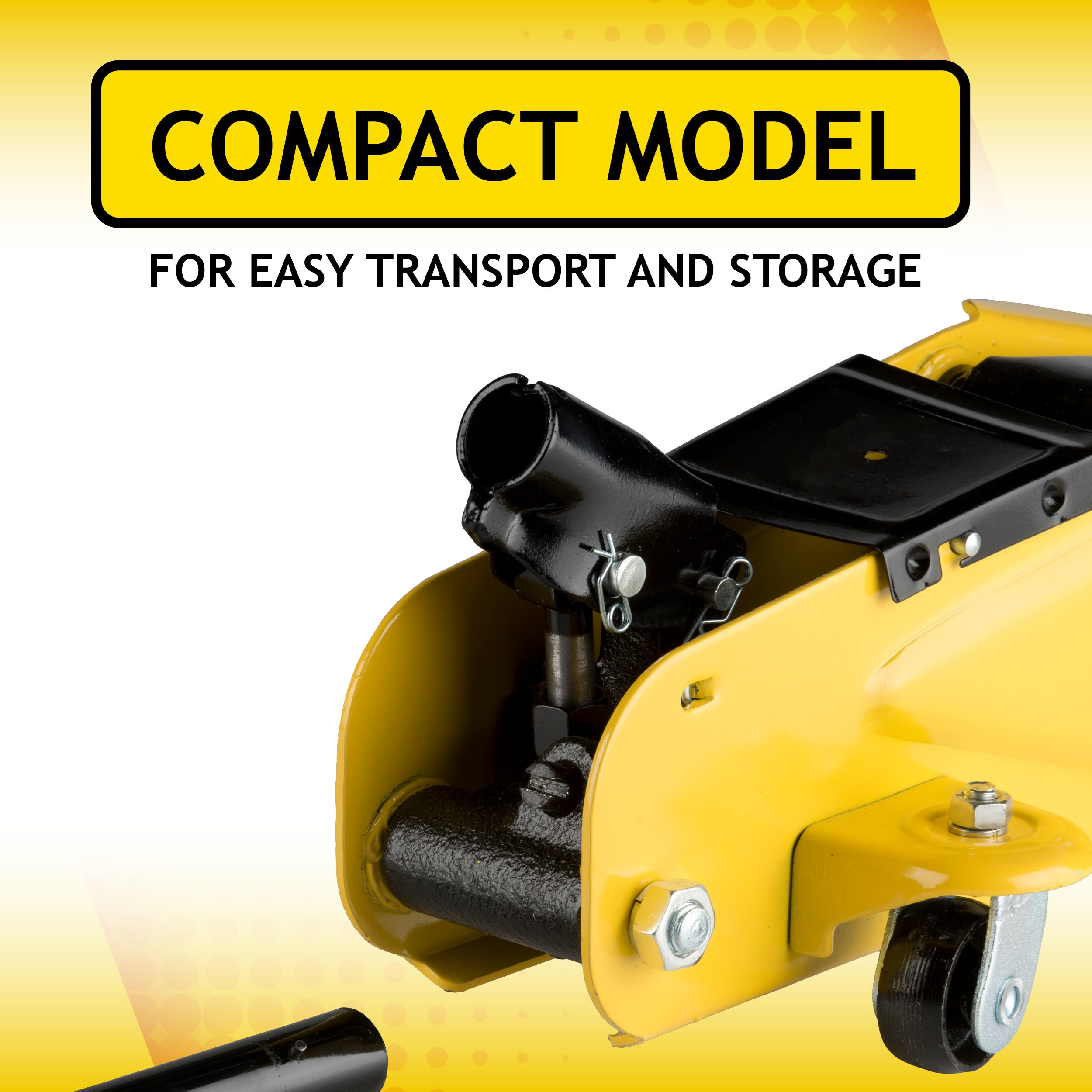 Geelzwarte compacte modelkrik. Tekst luidt: "COMPACT MODEL VOOR GEMAKKELIJK TRANSPORT EN OPSLAG".