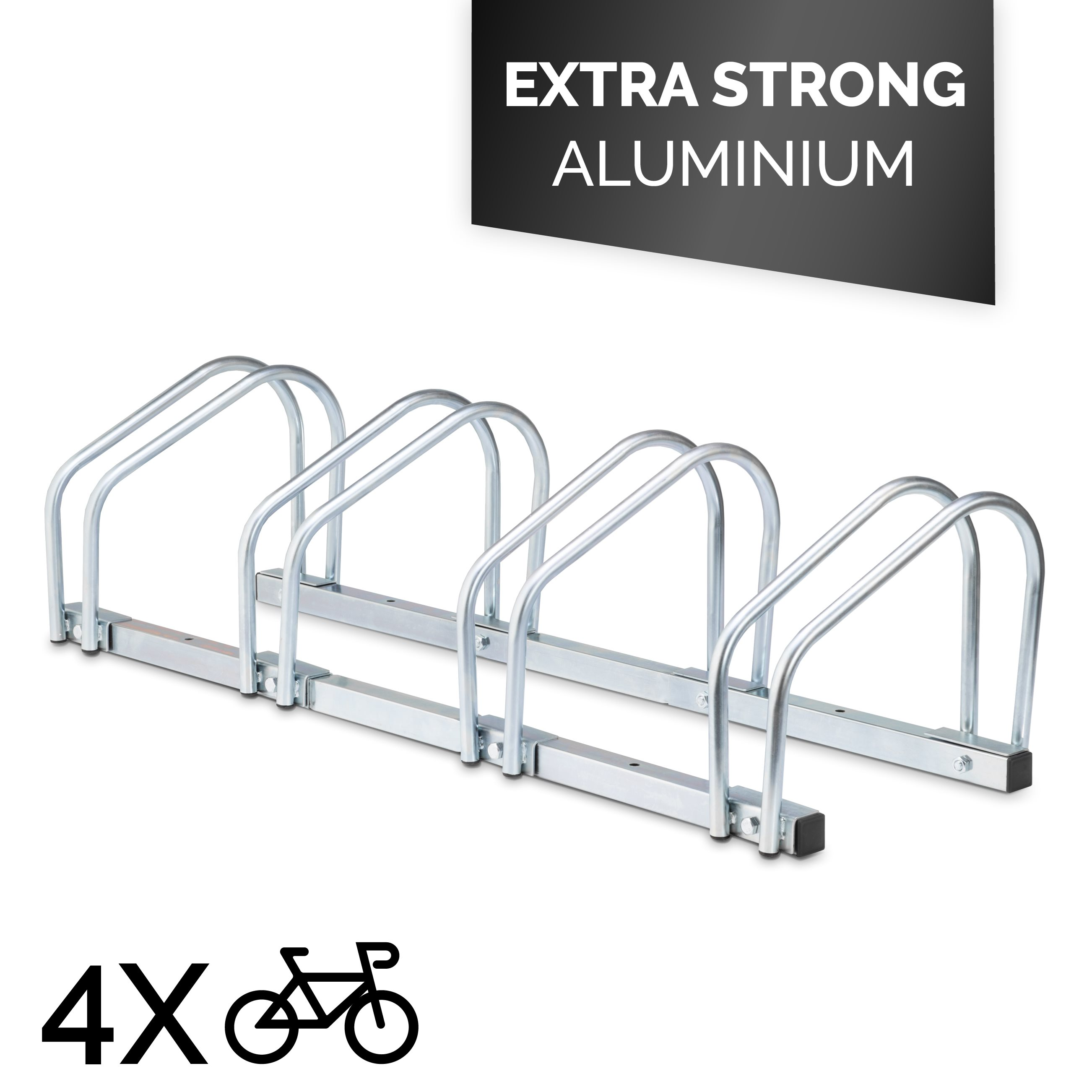Een zilveren metalen fietsenrek voor vier fietsen. Tekst: 'EXTRA STERK ALUMINIUM' en '4X bike'.