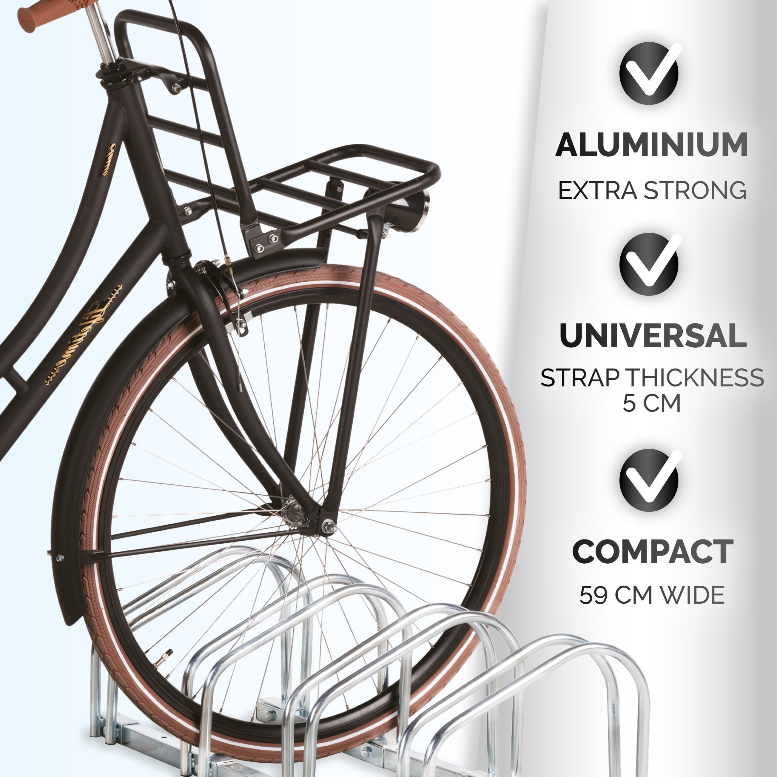 Een zwarte fiets met bruine banden staat in een zilveren fietsenrek. Tekst rechts: Aluminium, Universeel en Compact.