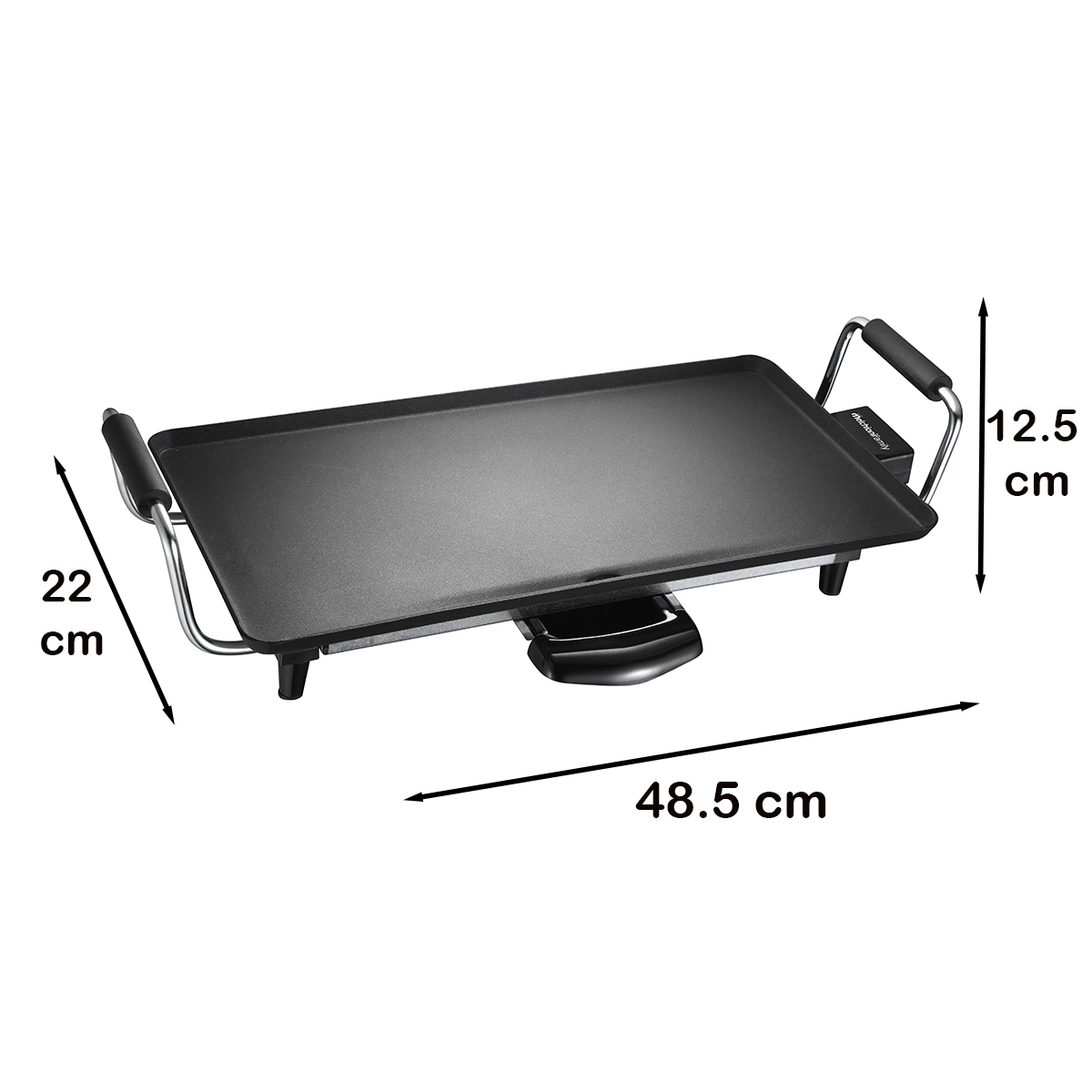 Schwarze elektrische Grillplatte mit Griffen. Abmessungen: 48,5 cm lang, 22 cm breit und 12,5 cm hoch. Hat eine Leistungsregelung und Füße.