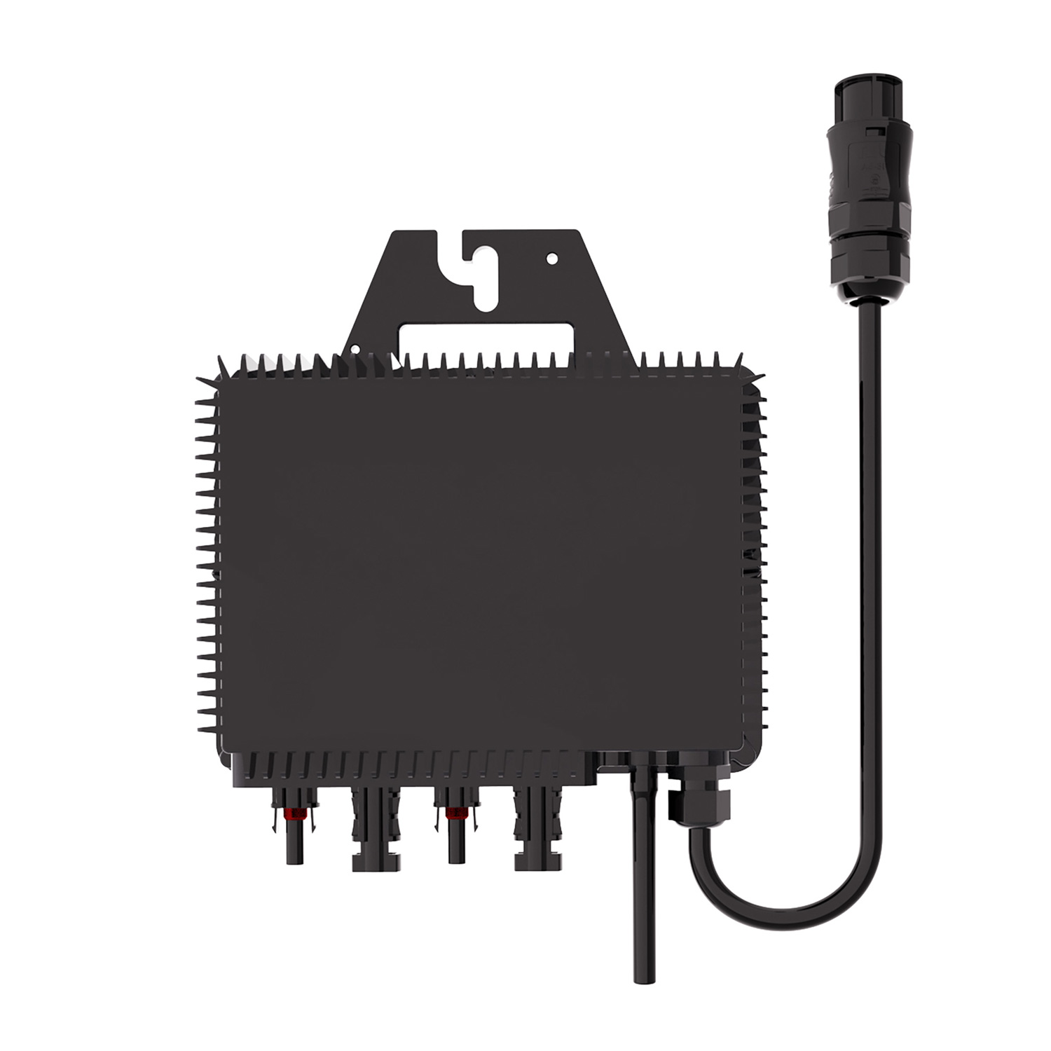 Un inversor de panel solar negro con conectores y un cable, sobre un fondo blanco. Tiene un asa en la parte superior.