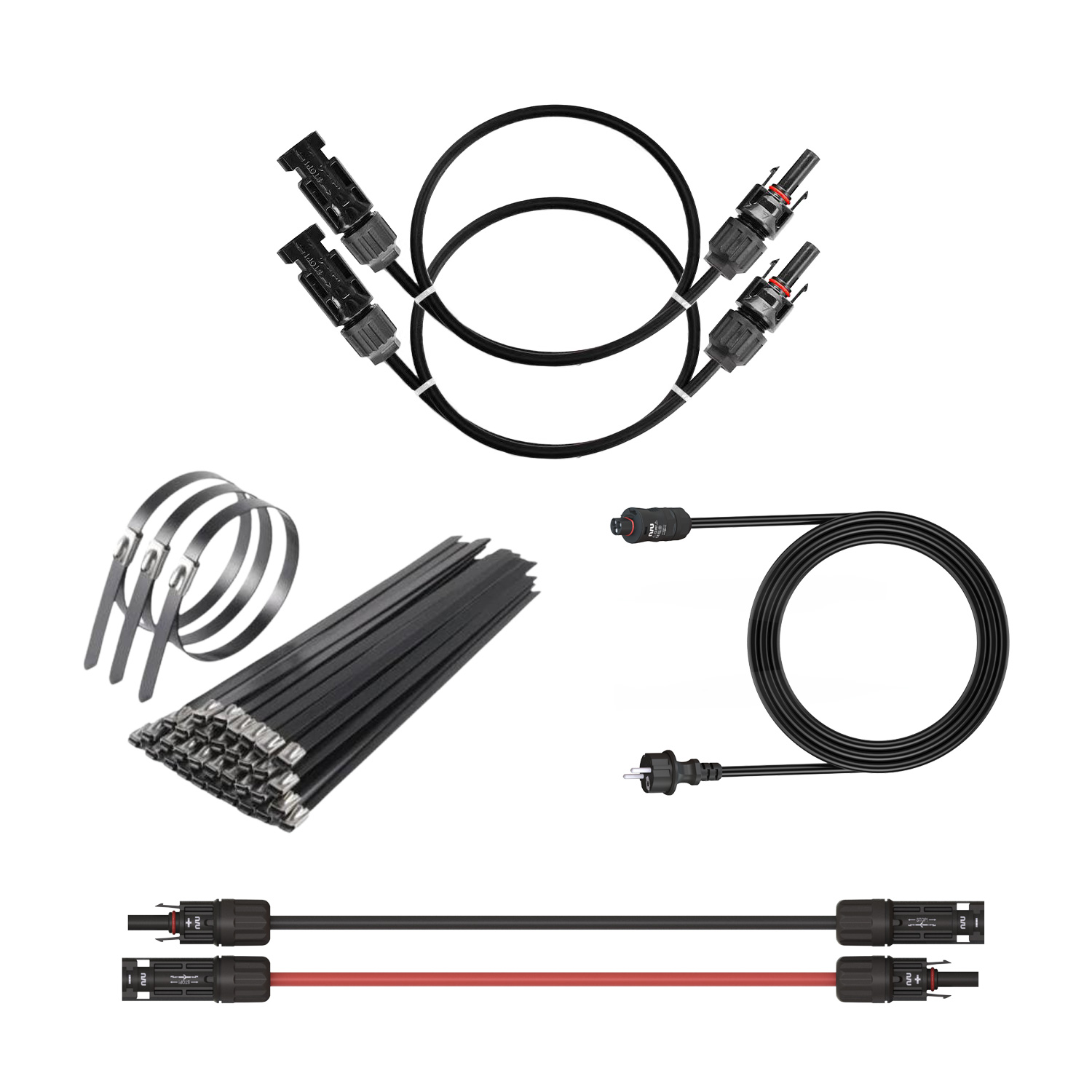 Cables, bridas y conectores de paneles solares variados se disponen sobre fondo blanco. Cables negros con conectores y cables rojos son visibles.