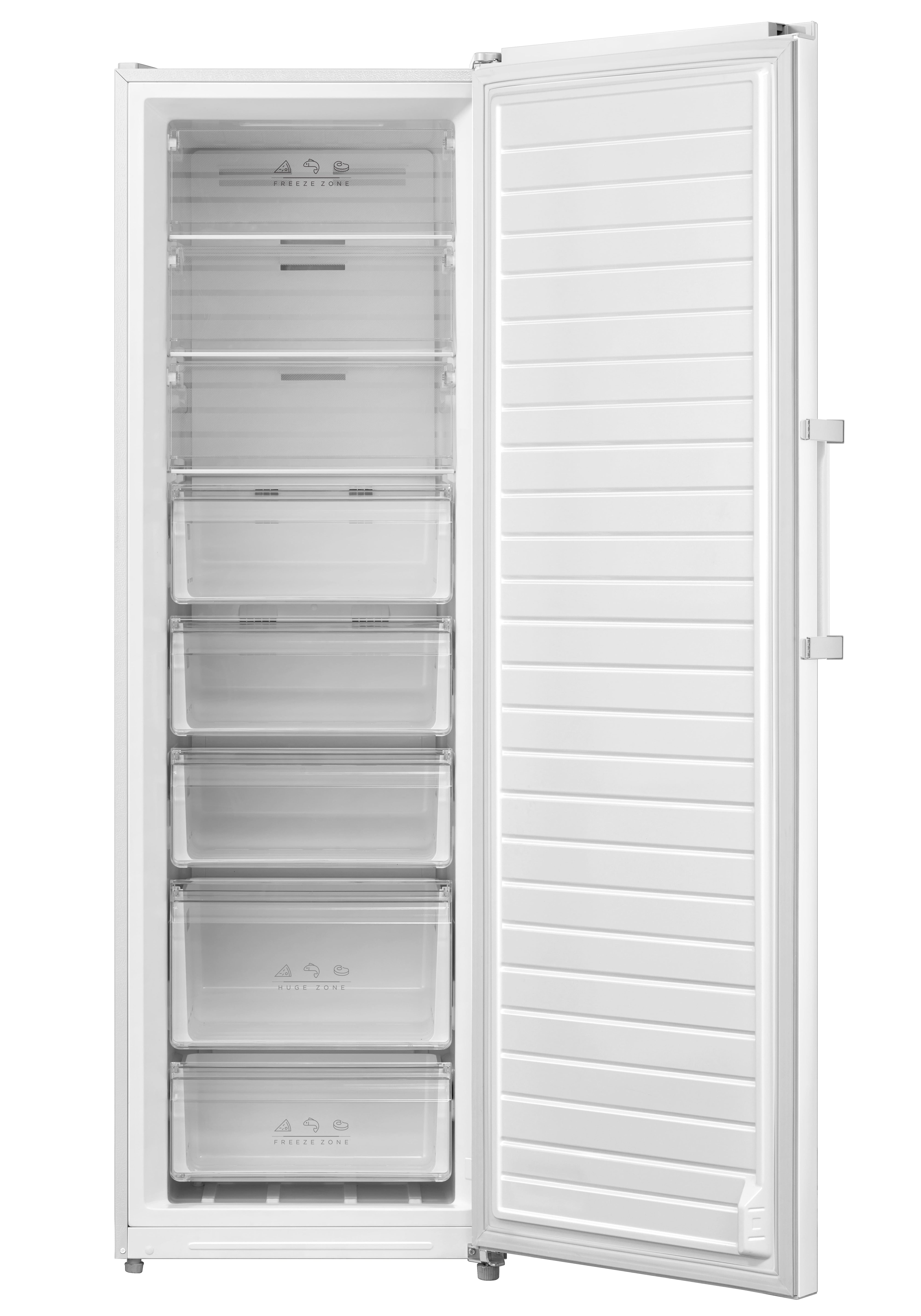 Congelador blanco con la puerta abierta, revelando varios cajones transparentes. La puerta abierta muestra líneas horizontales.