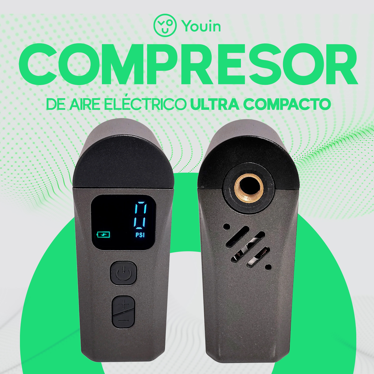 La imagen muestra un compresor de aire negro con una pantalla digital que muestra PSI. El texto dice 'COMPRESOR' y 'DE AIRE ELECTRICO'.