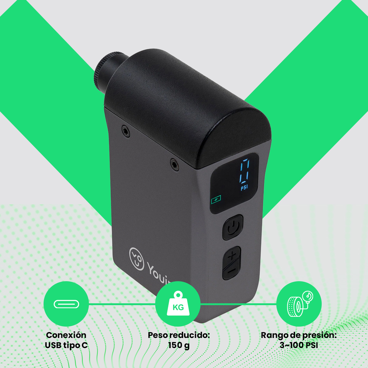 Una bomba de aire portátil gris y negra. Tiene una pantalla digital que muestra '17 PSI'. Hay iconos para USB-C, peso y rango de presión.