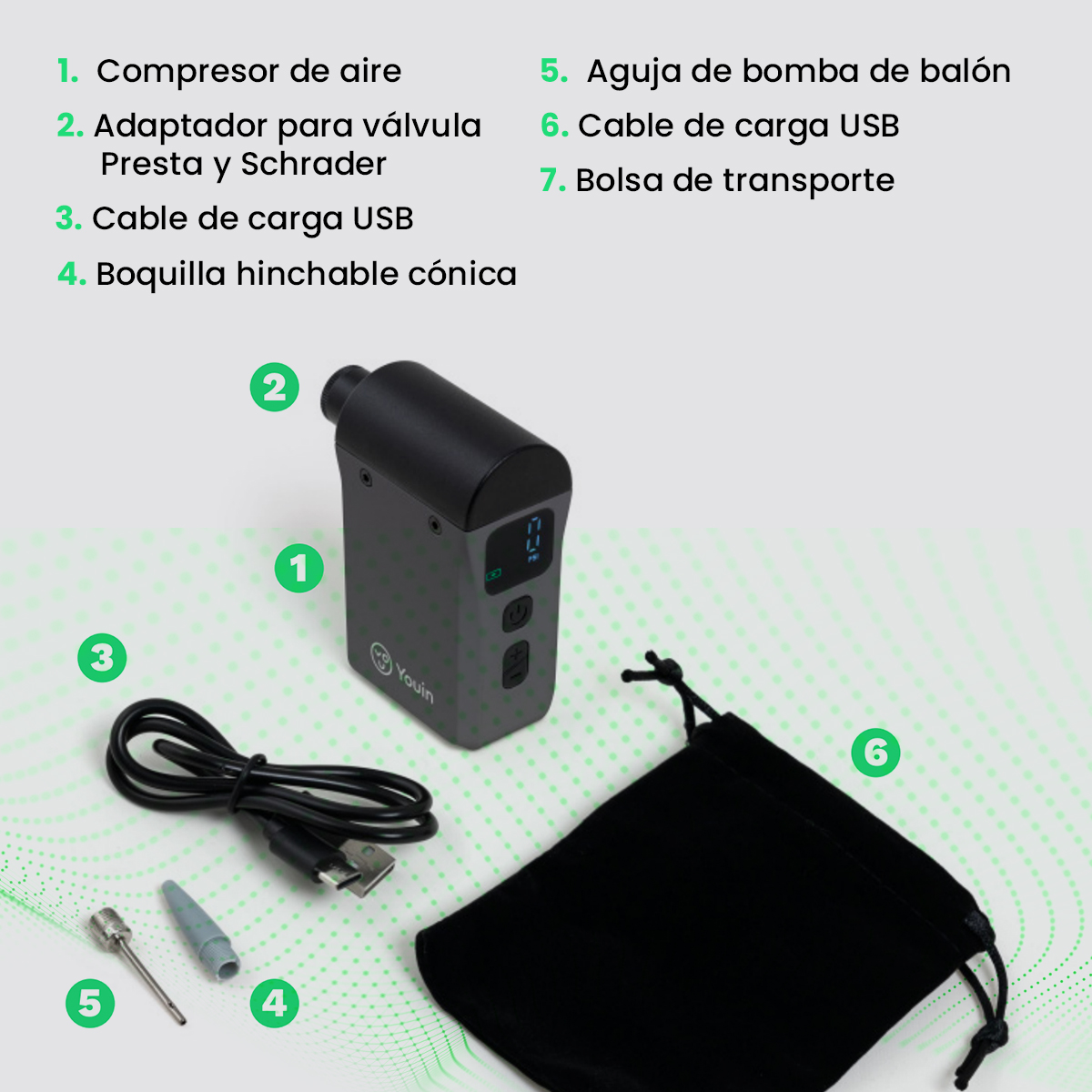 Se muestra un compresor de aire y accesorios. Incluye un compresor de aire, cable USB, boquillas y una bolsa de transporte negra. Todo sobre una superficie verde.