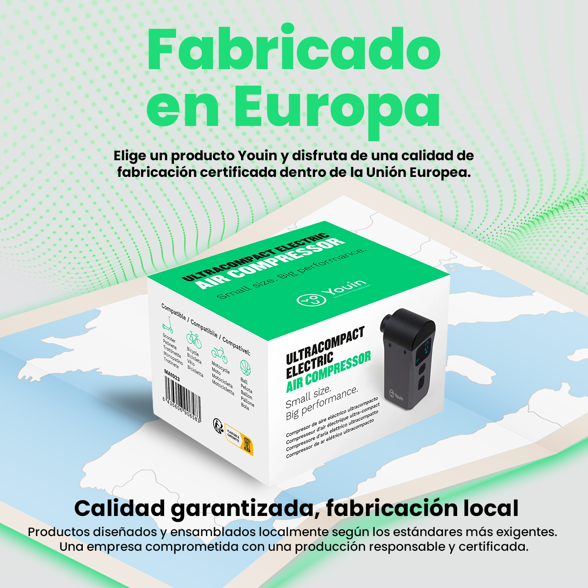 Una caja verde con 'ULTRACOMPACT ELECTRIC AIR COMPRESSOR', un compresor negro y texto 'Fabricado en Europa'.