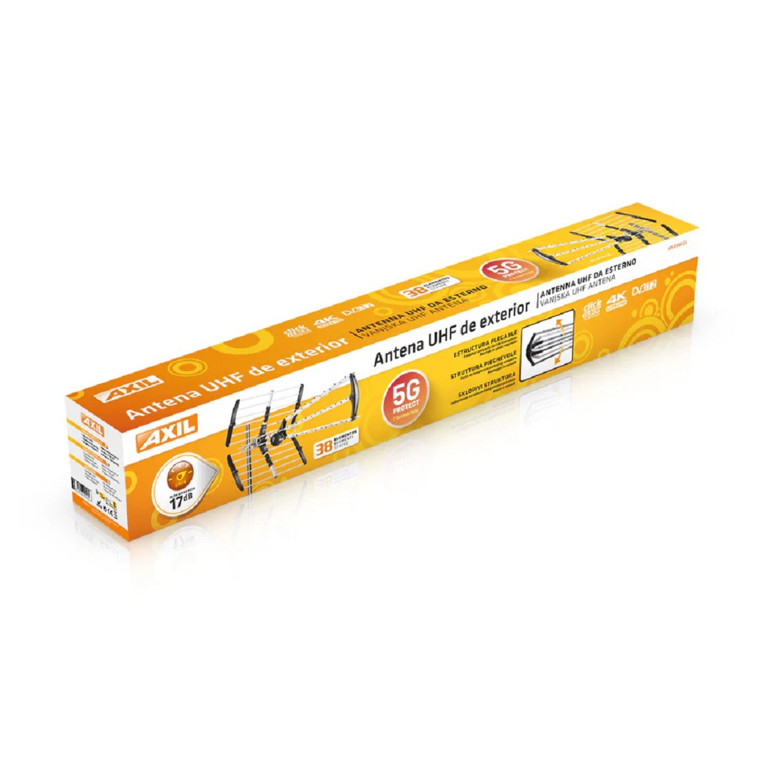 Una caja de antena sobre una superficie blanca. Es naranja y blanca, con texto en varios idiomas, incluyendo 'Antena UHF de exterior'.