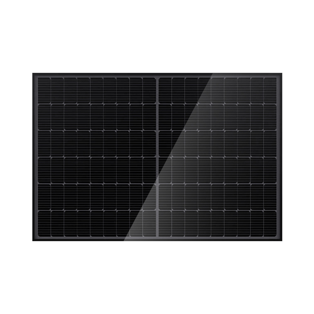 Un panel solar rectangular, negro con patrón de rejilla. Tiene una sección diagonal reflectante. El marco es gris oscuro.