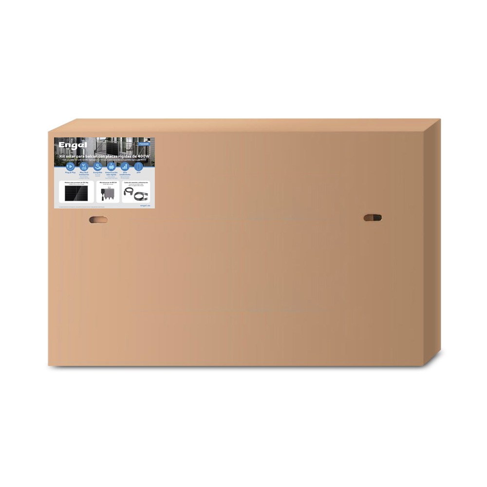 Una caja de cartón grande. Tiene una pegatina con texto e imágenes y dos pequeños agujeros. Color beige, aislado sobre fondo blanco.