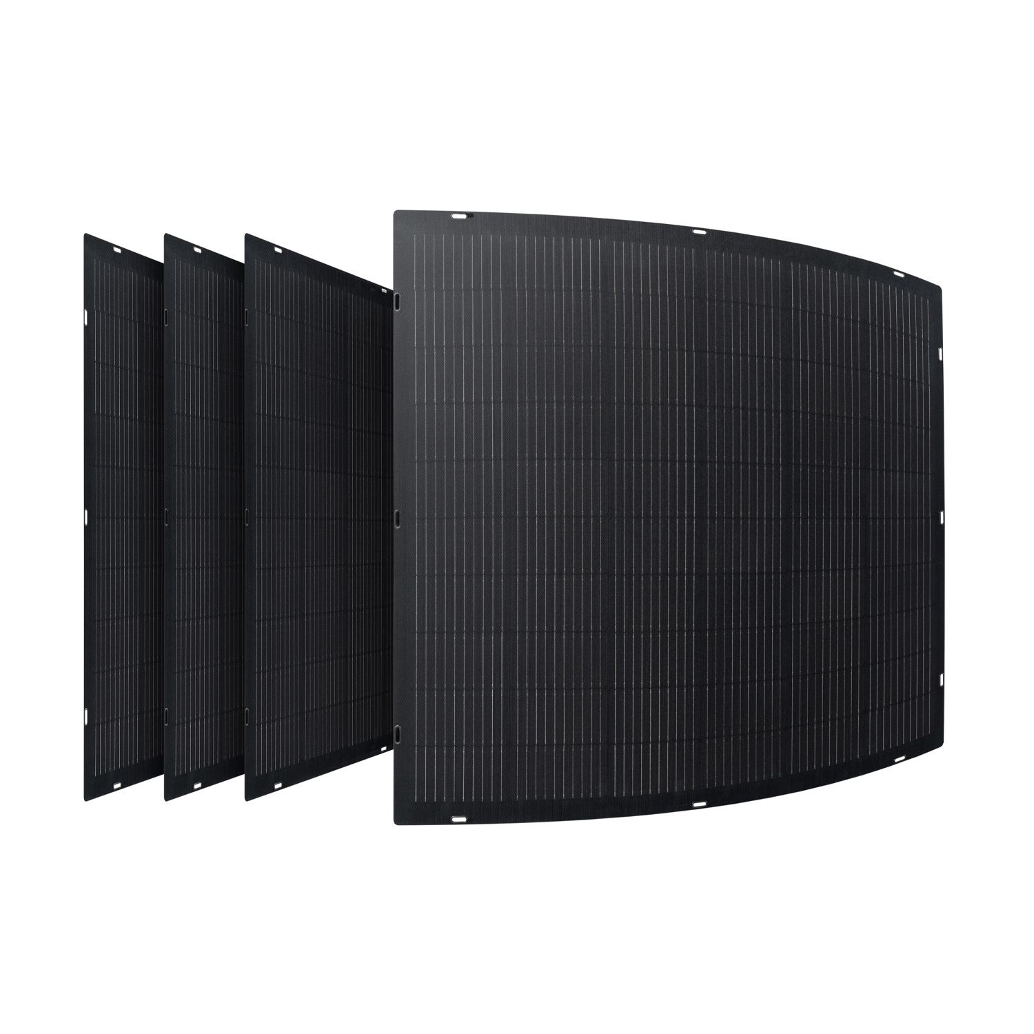 Cuatro paneles solares negros dispuestos. El panel más grande es curvo. Fondo blanco.