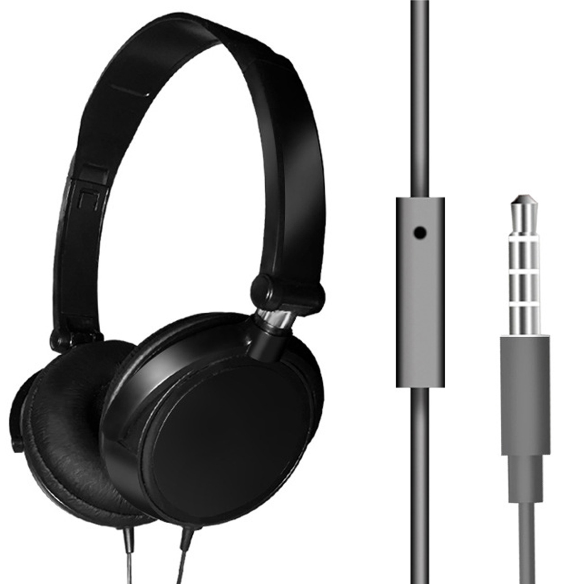 Schwarze Kopfhörer mit Kabel und 3,5-mm-Klinkenstecker. Die Kopfhörer sind Over-Ear-Kopfhörer mit gepolstertem Bügel und Ohrmuscheln.