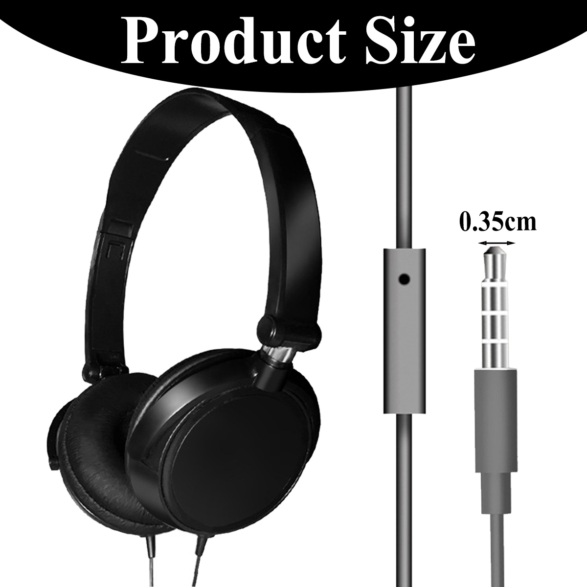 Schwarze Kopfhörer mit 0,35 cm Klinke. Die Kopfhörer sind links, der Stecker rechts. Das Kabel hat einen Knopf.