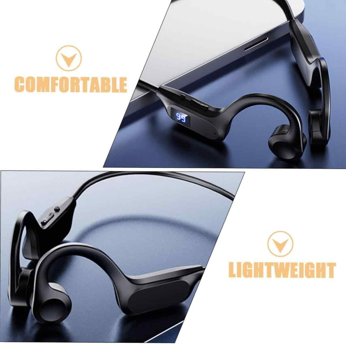Schwarze Knochenschallkopfhörer mit Digitalanzeige auf einem Telefon. Das Wort 'COMFORTABLE' steht oben, 'LIGHTWEIGHT' unten.