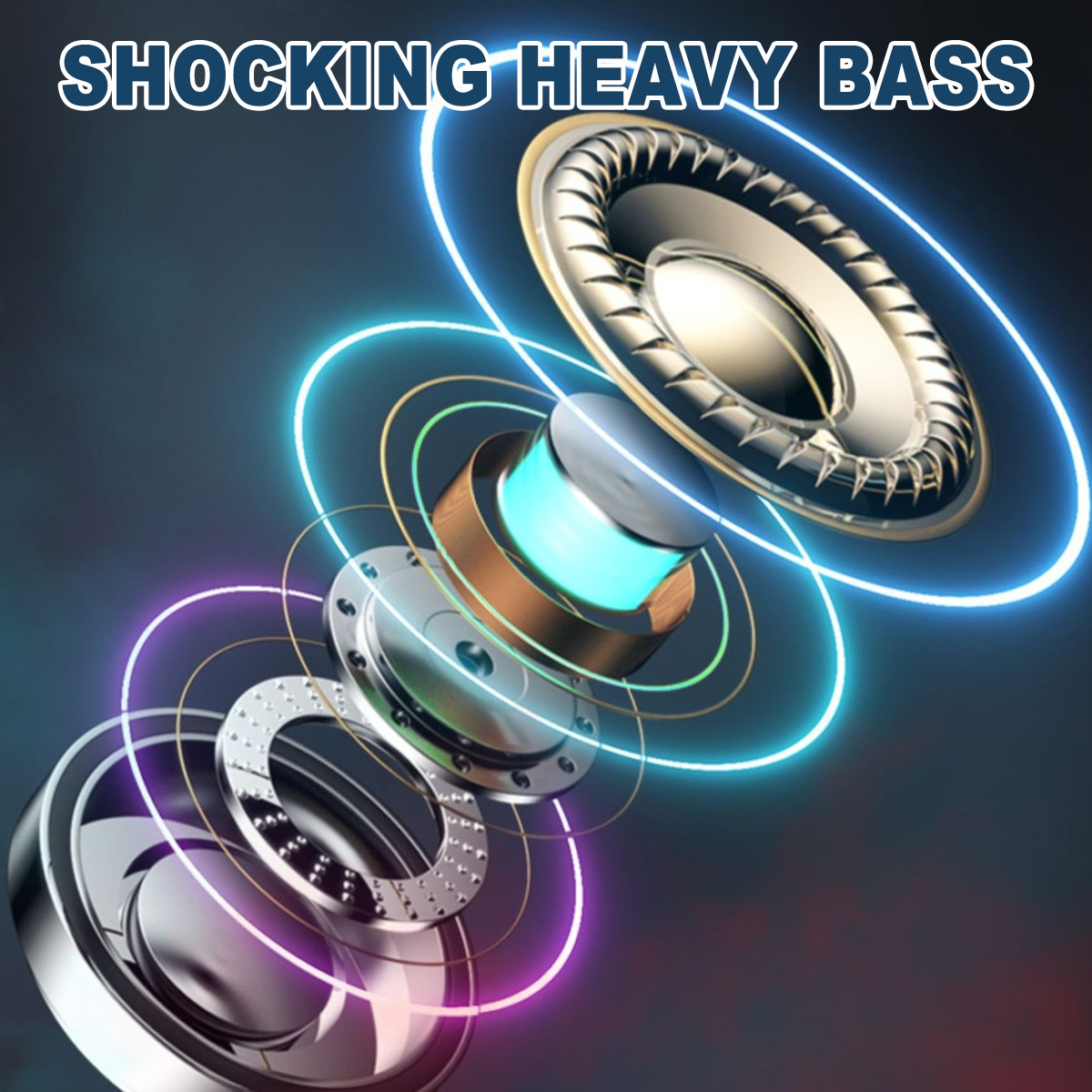 Explosionsdiagramm eines Lautsprechers. Das Wort "SHOCKING HEAVY BASS" steht oben. Helle Neonlinien umgeben die Lautsprecherkomponenten.