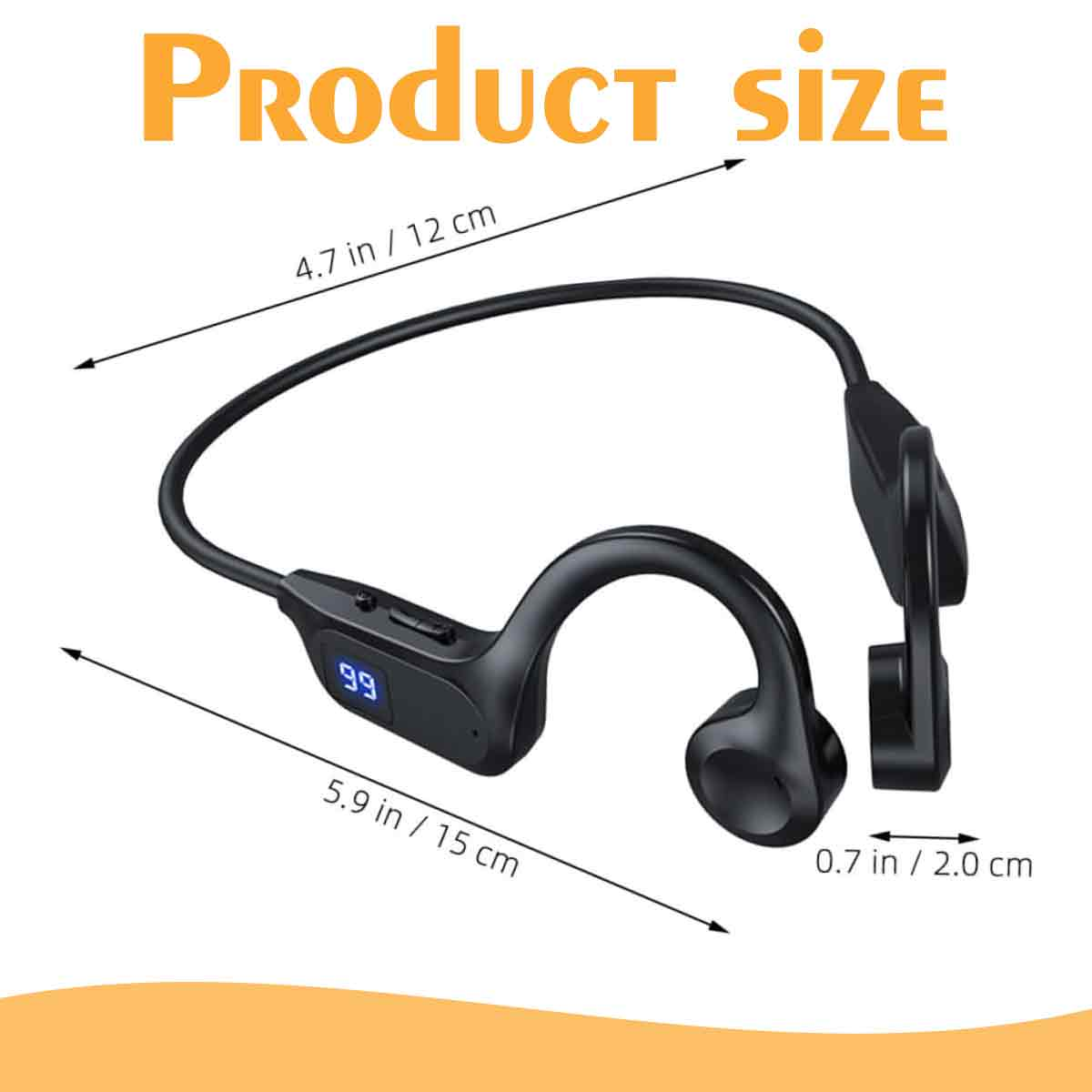 Schwarze Knochenschallkopfhörer mit Größenangaben. Text: Produktgröße. Maße: 4,7 Zoll/12 cm, 5,9 Zoll/15 cm und 0,7 Zoll/2,0 cm.