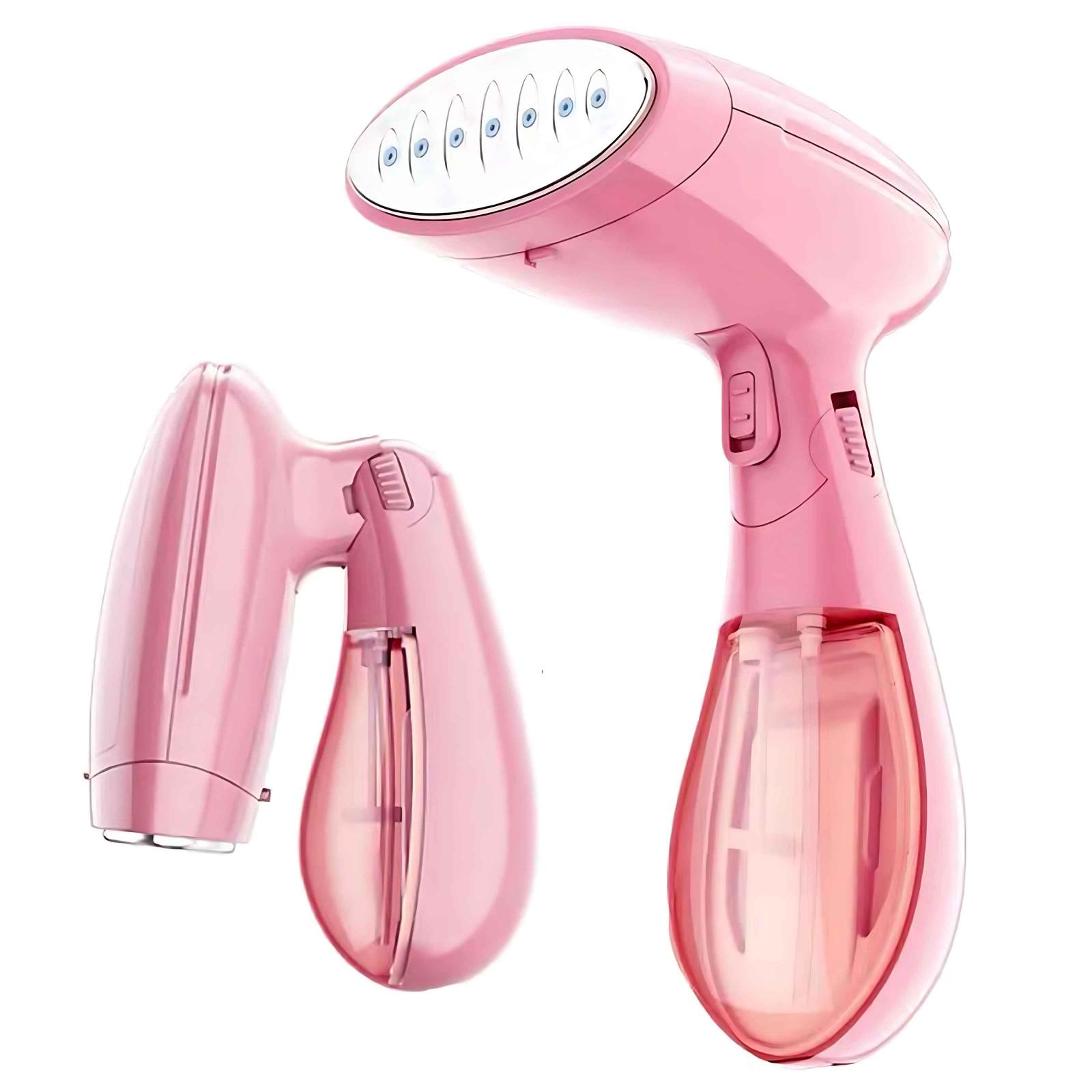 Ein pinkfarbener, tragbarer Kleidungdampfer. Er hat einen Wassertank und einen Dampfkopf. Das Design ist ergonomisch, mit einem gebogenen Griff.