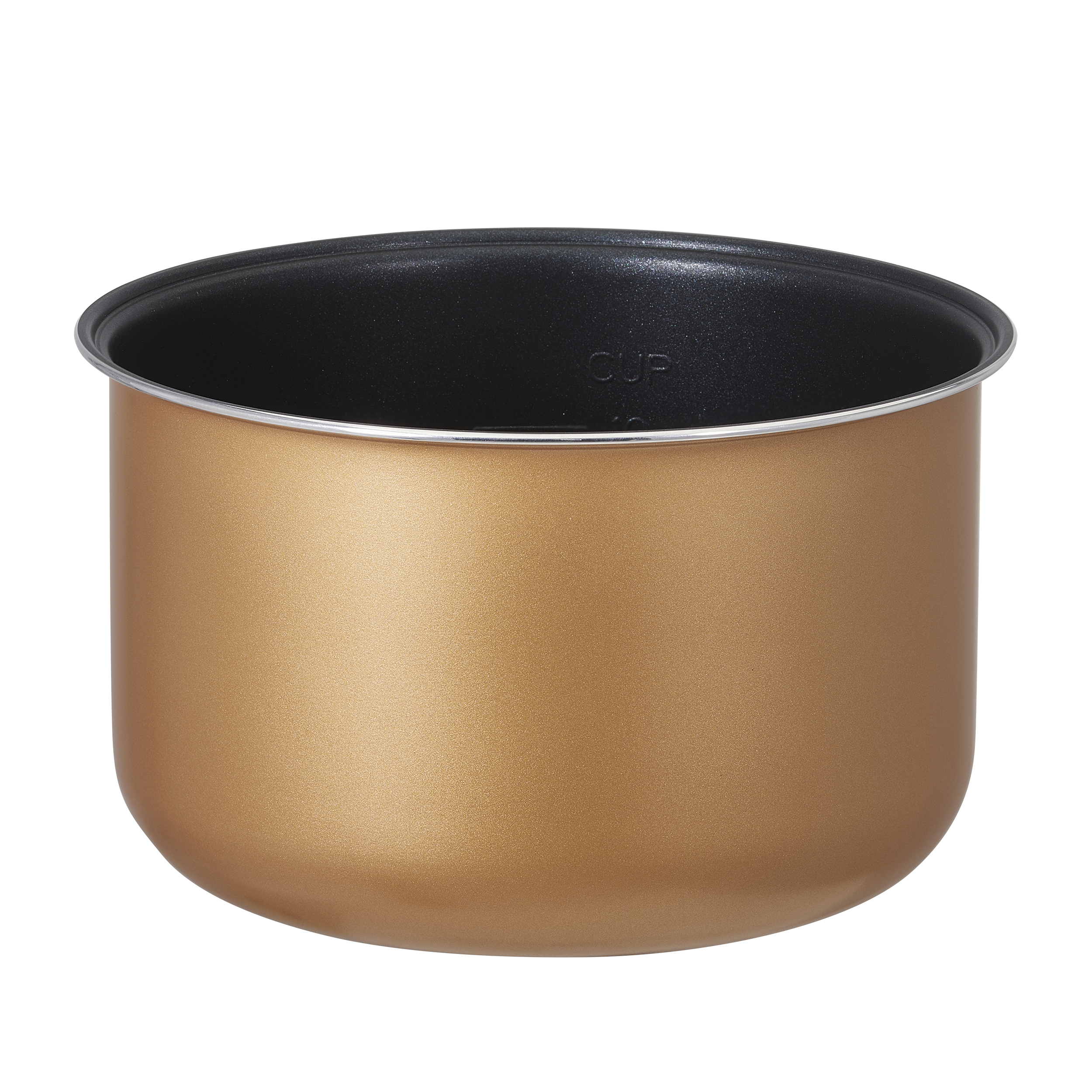 Ein goldfarbener Topf mit schwarzem Innenraum. Ein silberner Rand umgibt die Oberseite. Das Wort "CUP" ist innen sichtbar.