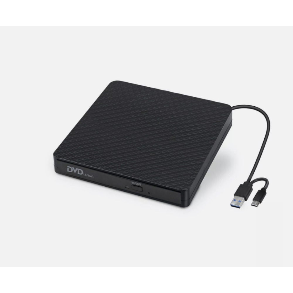 Schwarzes externes DVD-Laufwerk mit USB-Kabel. Das Laufwerk ist quadratisch und strukturiert. USB- und USB-C-Anschlüsse sind sichtbar.
