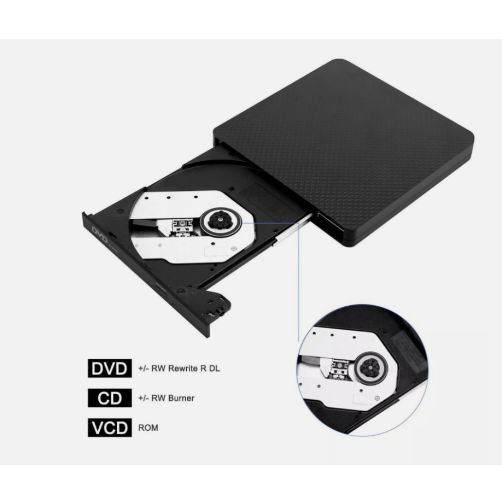 Schwarzes externes DVD-Laufwerk mit offenem Fach. Enthält eine Nahaufnahme des Disc-Lesers. Textbeschriftungen: DVD, CD, VCD, +/- RW Rewrite R DL, +/- RW Burner, ROM.