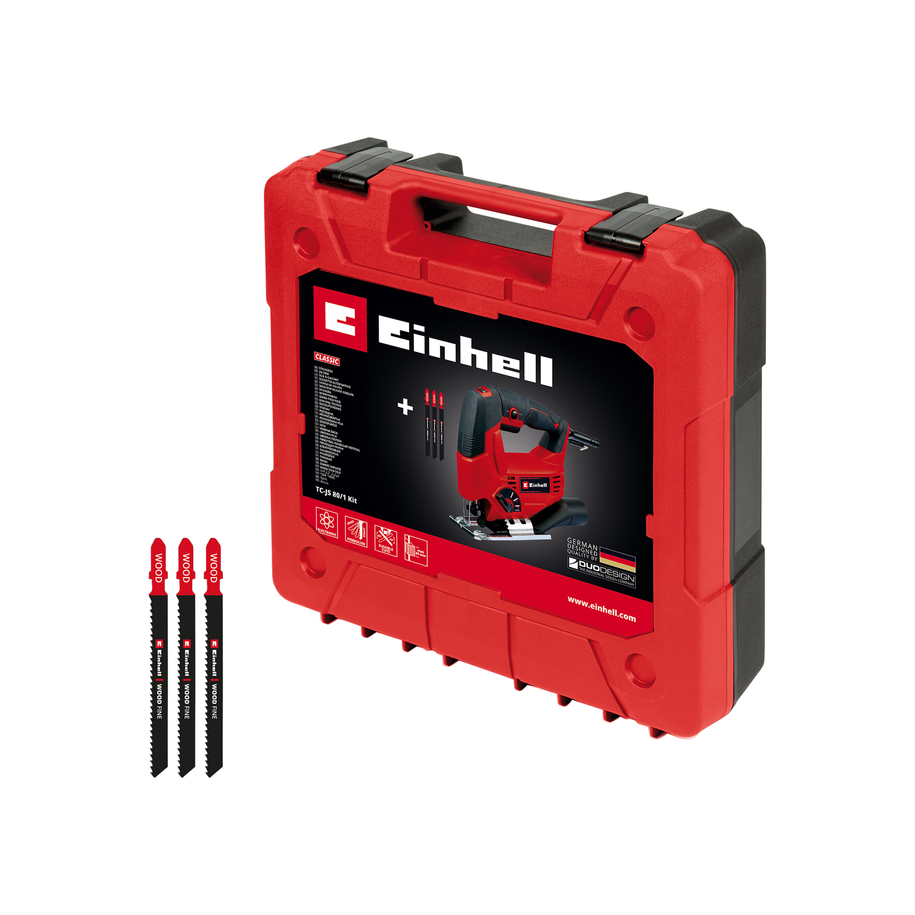 Czerwony zestaw narzędzi Einhell z wyrzynarką, brzeszczotami do drewna i informacjami o produkcie. Białe tło.