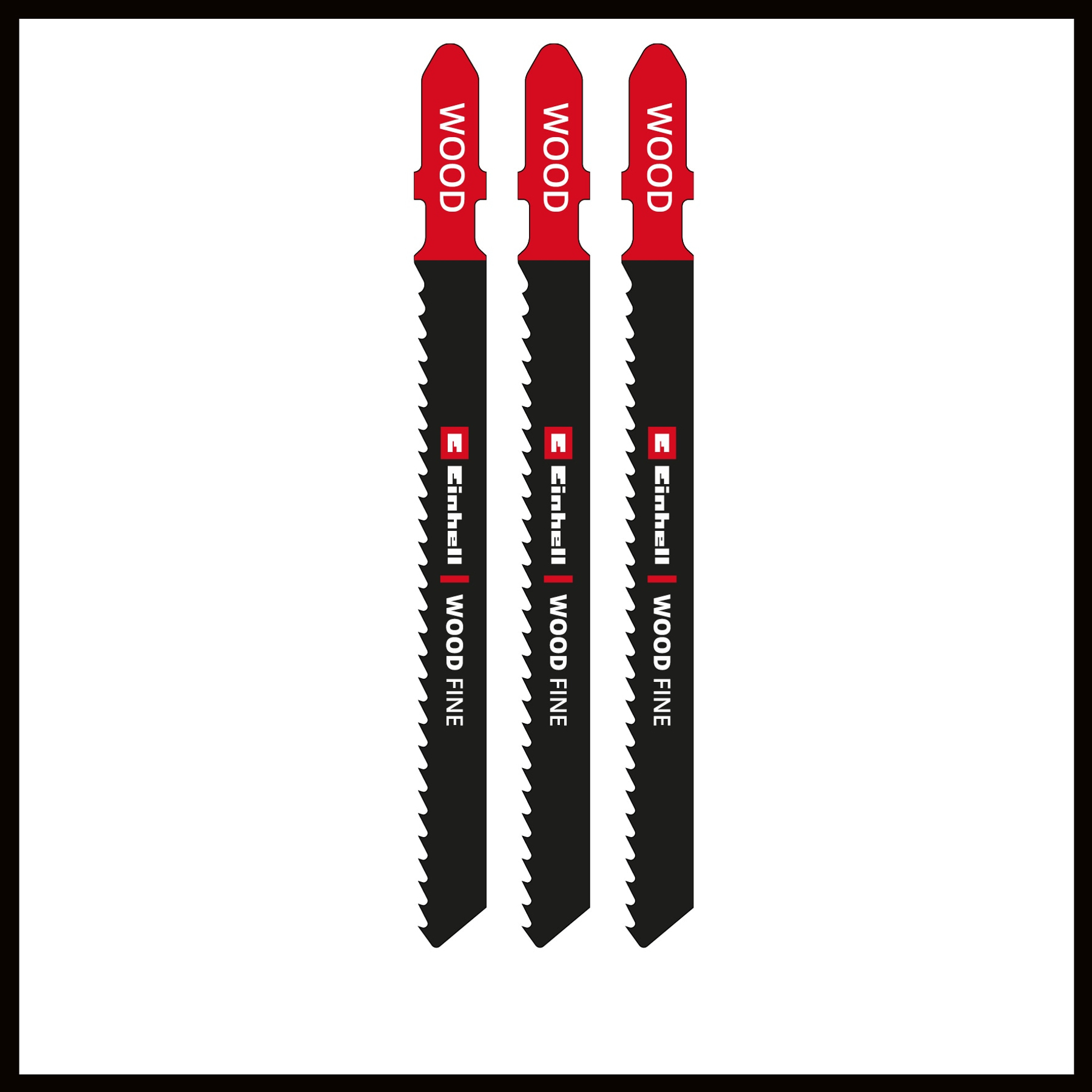 Trzy czarne brzeszczoty z czerwonymi wierzchołkami, z napisem "WOOD". Każdy ma ząbkowaną krawędź i napis "Einhell WOOD FINE".