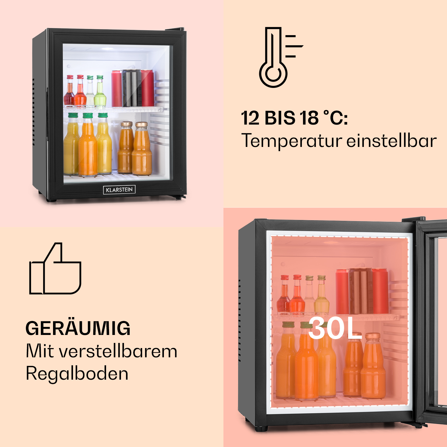 Un mini-refrigerador negro con puerta de vidrio, mostrando bebidas. Texto dice '12 a 18°C' y 'espacioso'. Dentro, las bebidas están organizadas.