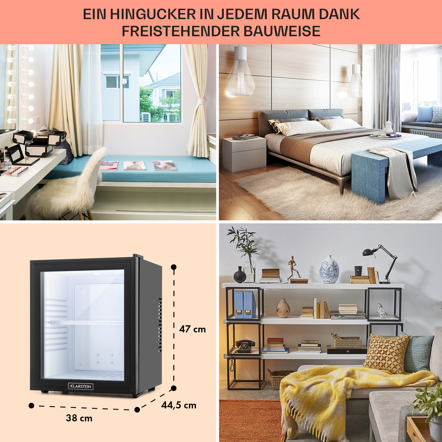 Collage con dormitorio moderno, tocador, mini-nevera con dimensiones y sala de estar con sofá y estantería.
