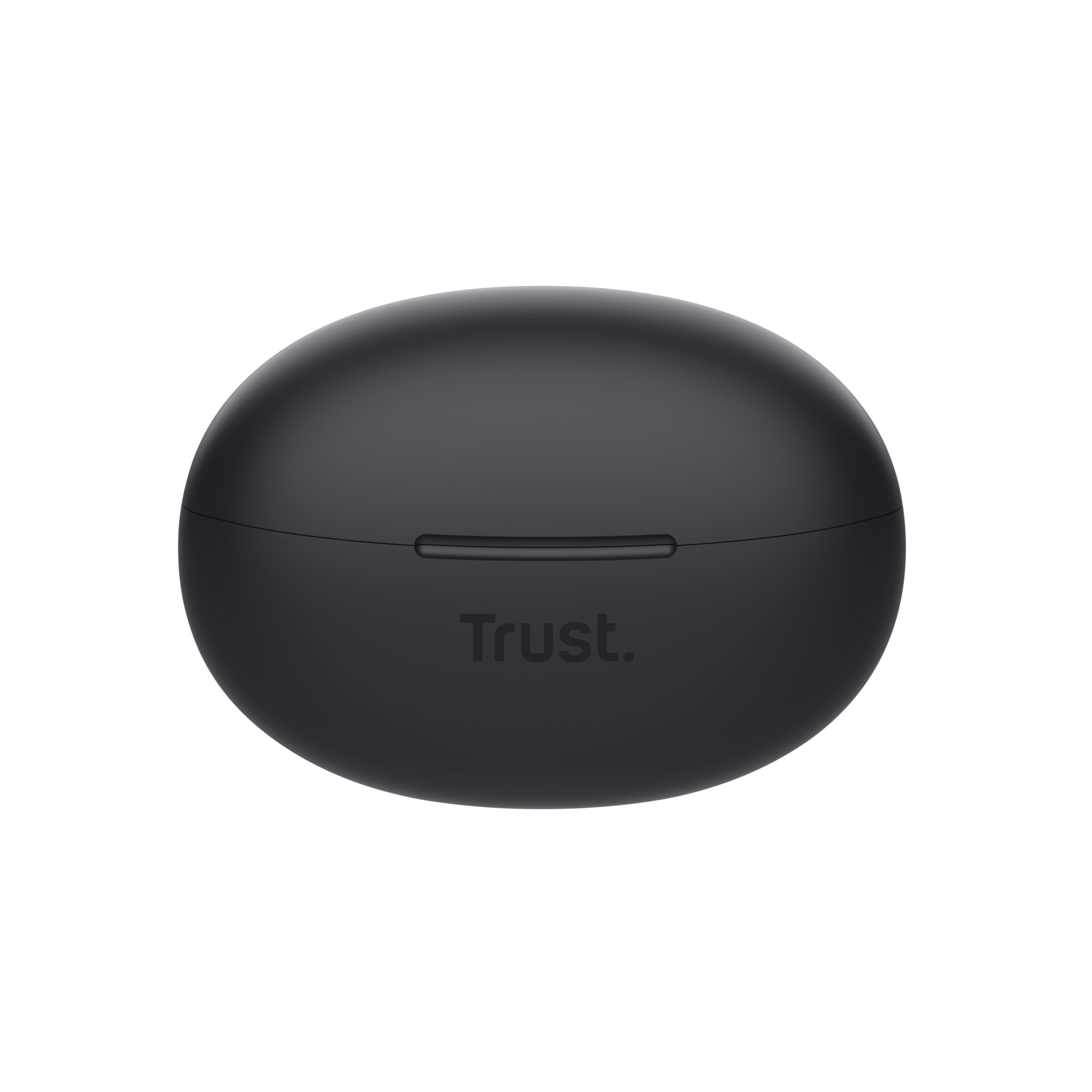 Ciemnoszare etui na słuchawki z napisem "Trust." na czarnym tle. Etui jest owalne.
