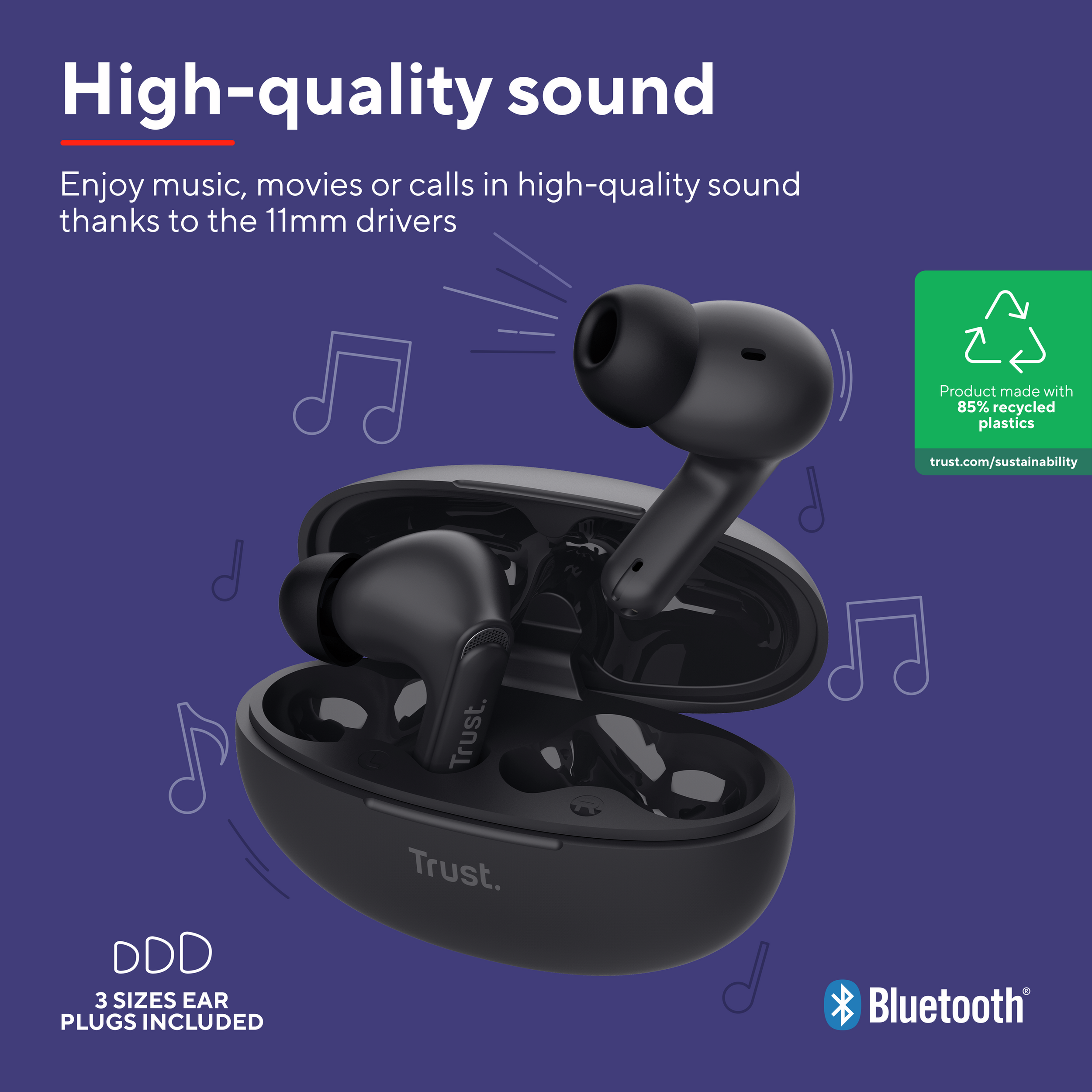 Czarne słuchawki w etui, z tekstem o wysokiej jakości dźwięku i Bluetooth. Tło jest fioletowe.