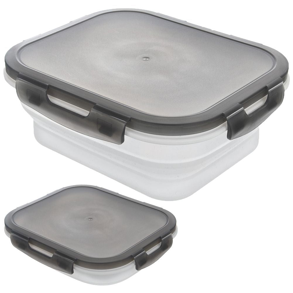 Dos recipientes transparentes blancos para guardar alimentos, uno con tapa encima y otro sin tapa. Ambos tienen tapas y asas grises.