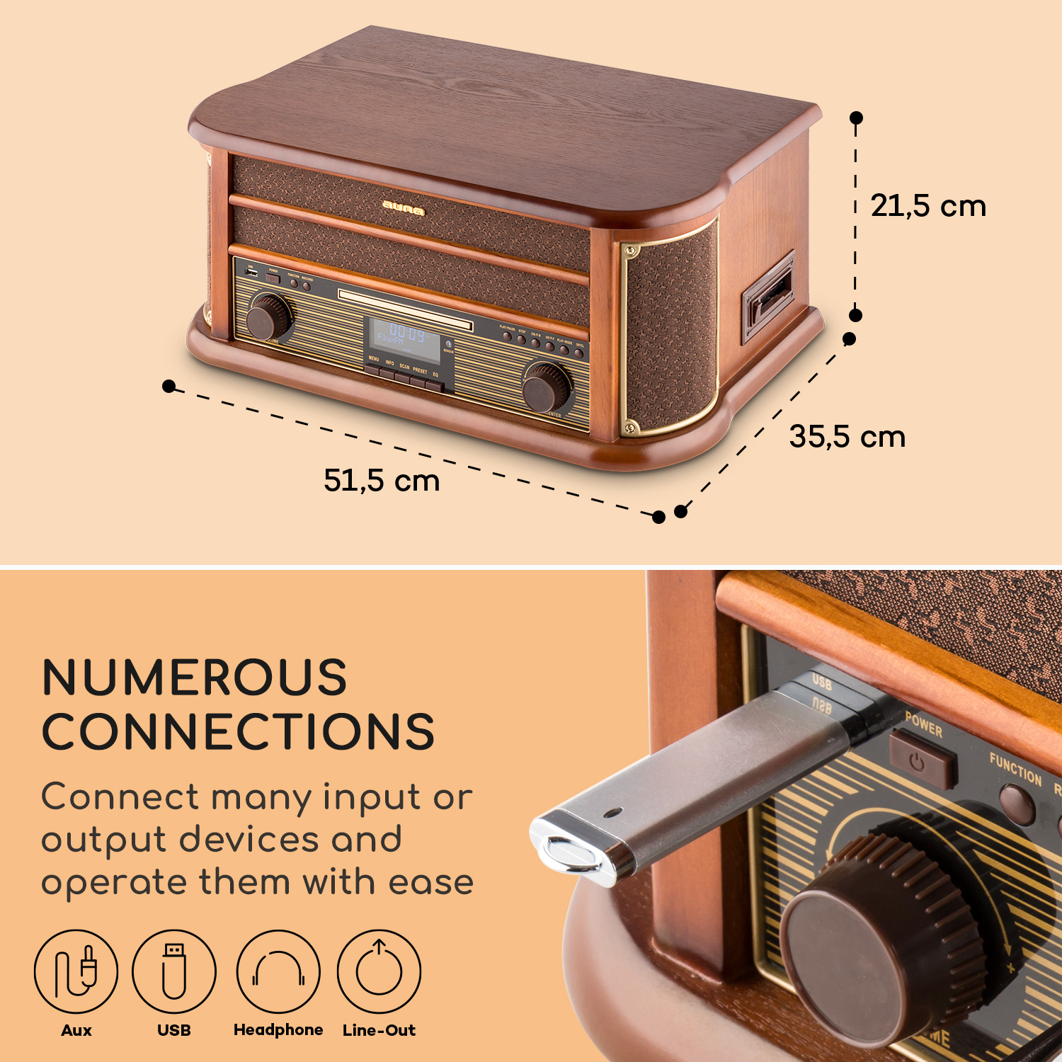 Ein Musikplayer im Holz-Vintage-Stil. Er hat ein Radio, einen CD-Player und einen USB-Anschluss. Maße in cm sind angegeben. Der Text lautet 'Zahlreiche Anschlüsse'.