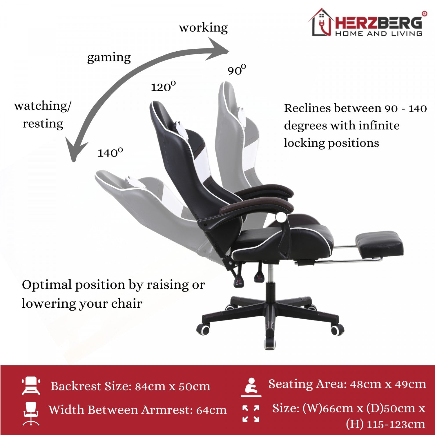Silla ergonómica negra y blanca con reposapiés. Muestra ángulos de reclinación y dimensiones. Logo Herzberg en la esquina superior derecha.