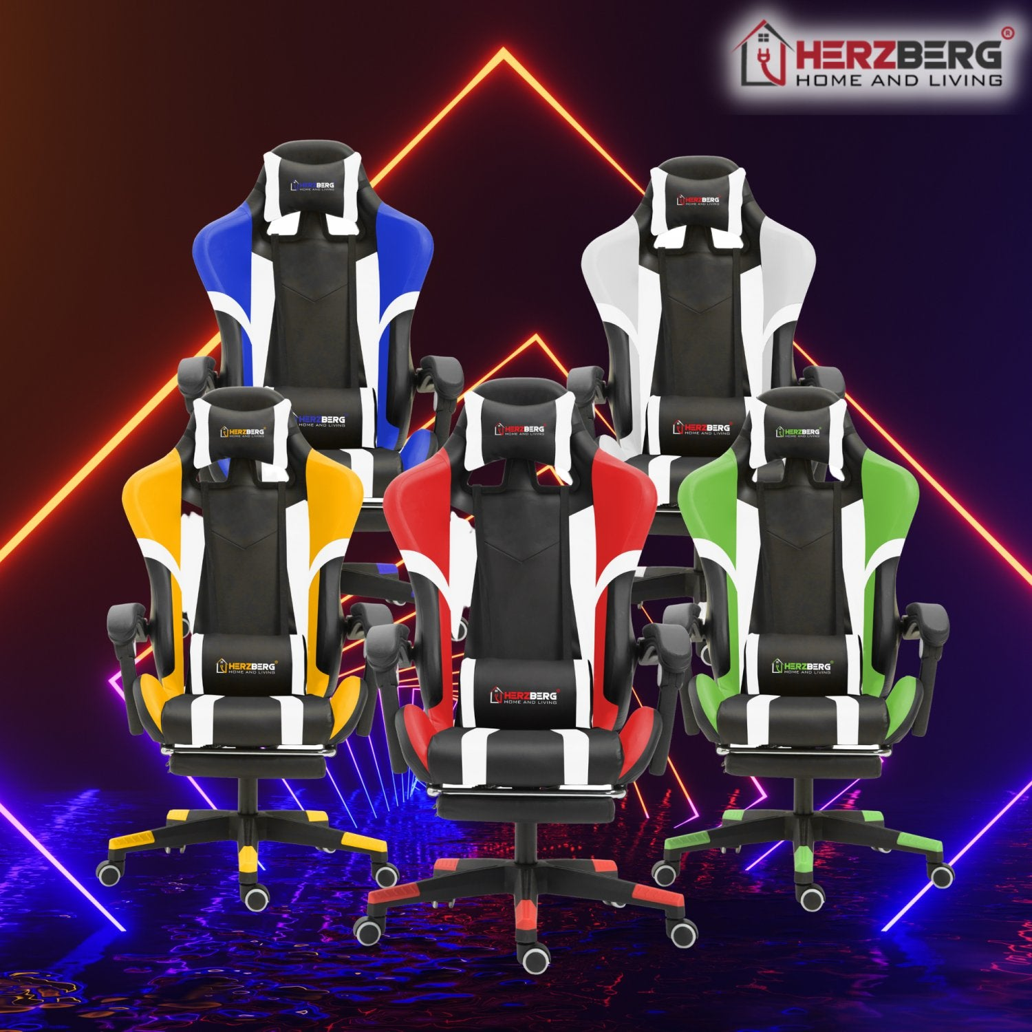 Cinco sillas gaming en azul, blanco, amarillo, rojo y verde. Cada silla tiene asiento y respaldo negros, con el logo Herzberg visible.